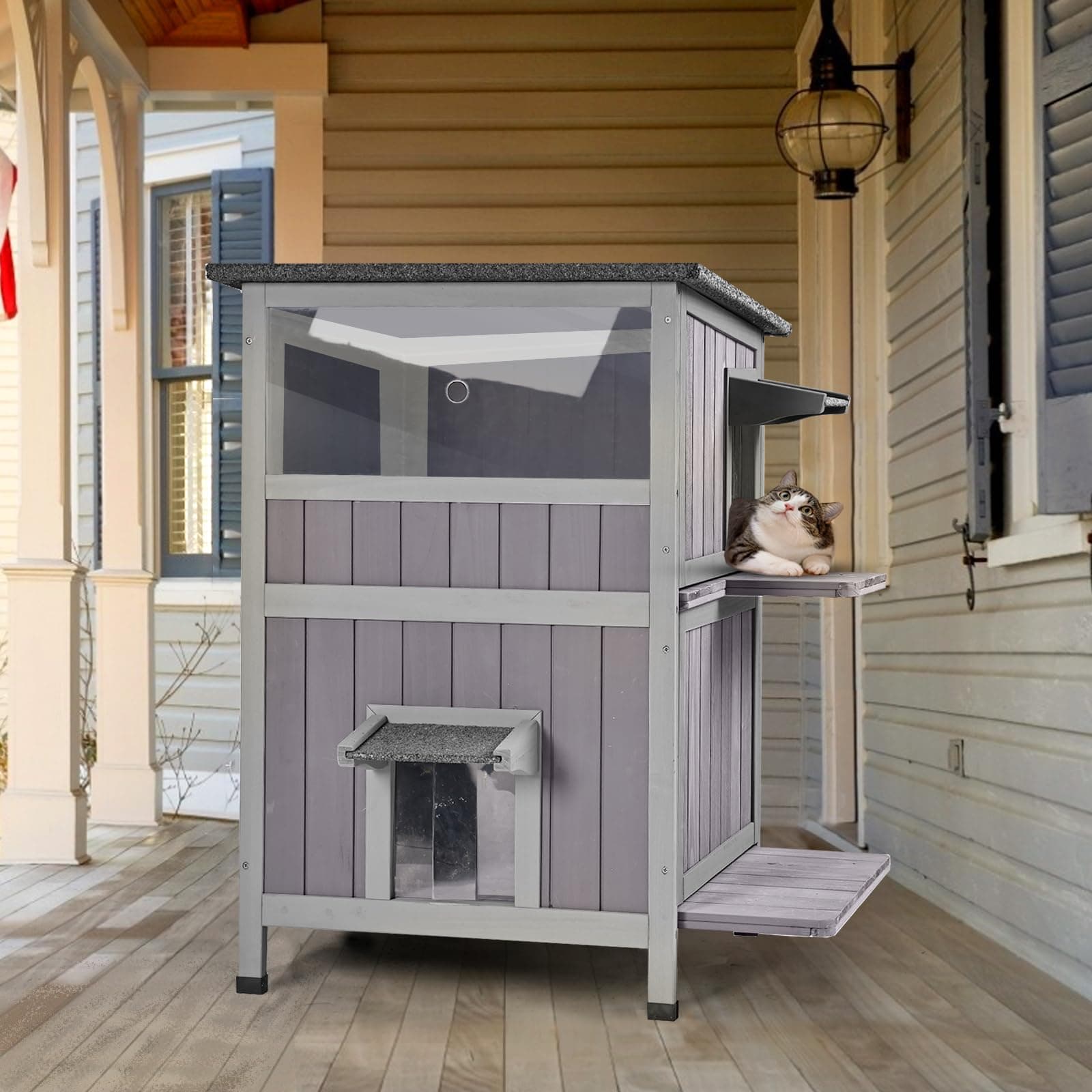 Wooden Feral Cat House 2 Storey Windproof Cat House with Transparent Windows Openable Side Weatherproof Eaves Kitten Shelter