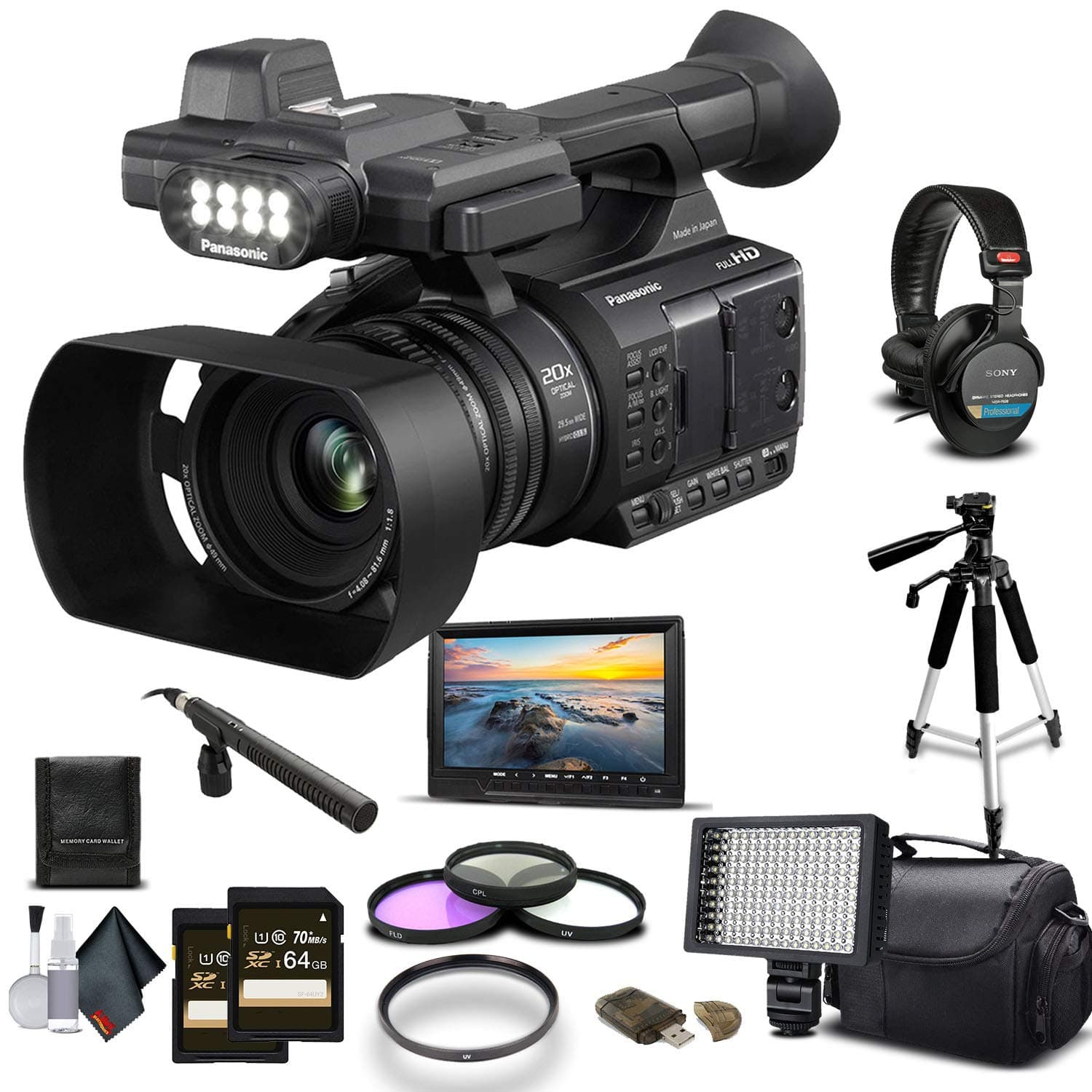Panasonic AG-AC30 Full HD Camcorder (AG-AC30PJ) 2-64GB Memory Card, UV Filter, LED Light, Case, Tripod, Rode Mic, External Screen Sony MDR-7506 Headphones - Professional Bundle