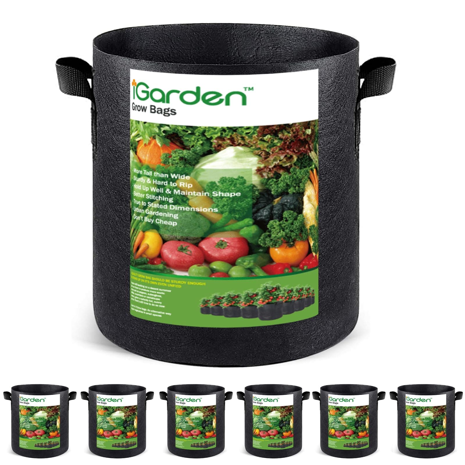 iGarden Grow Bags Tall, 10 Gallon Grow Pots 6 Pack with Handles, Heavy Duty 320G Thickened Nonwoven Fabric Plant Bag for Vegetables, Black
