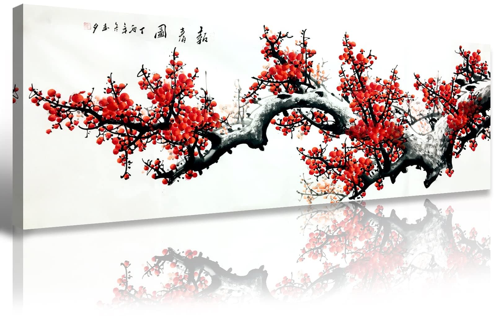 JiazuGo Asian Wall Art Chinese Painting Decor Oriental Red Plum Blossom Canvas Pictures for Bedroom Wall Decor Chinese Ink Painting Home Decor for Living Room Modern Artwork 13.7"×45.3"