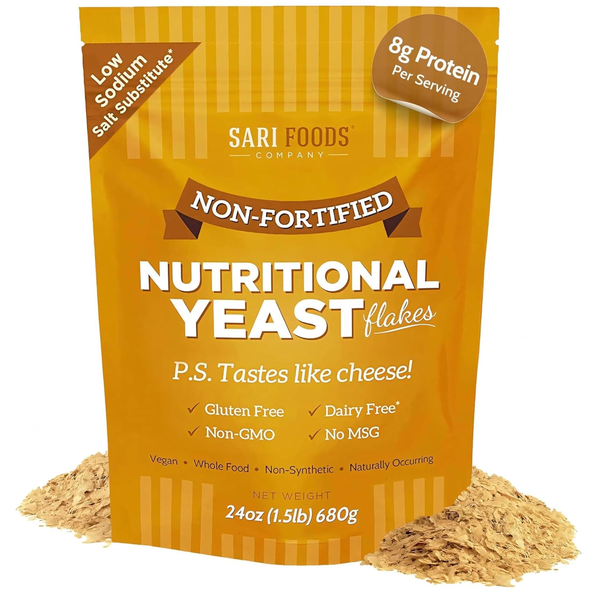 Sari Foods- Non-Fortified Nutritional Yeast Flakes, 24oz or 8oz, Superfood, Rich in Vegan Protein. Gluten Free & Dairy Free Cheese Substitute, Vitamins B, Beta-glucans, and All 18 Amino Acids, Non GMO