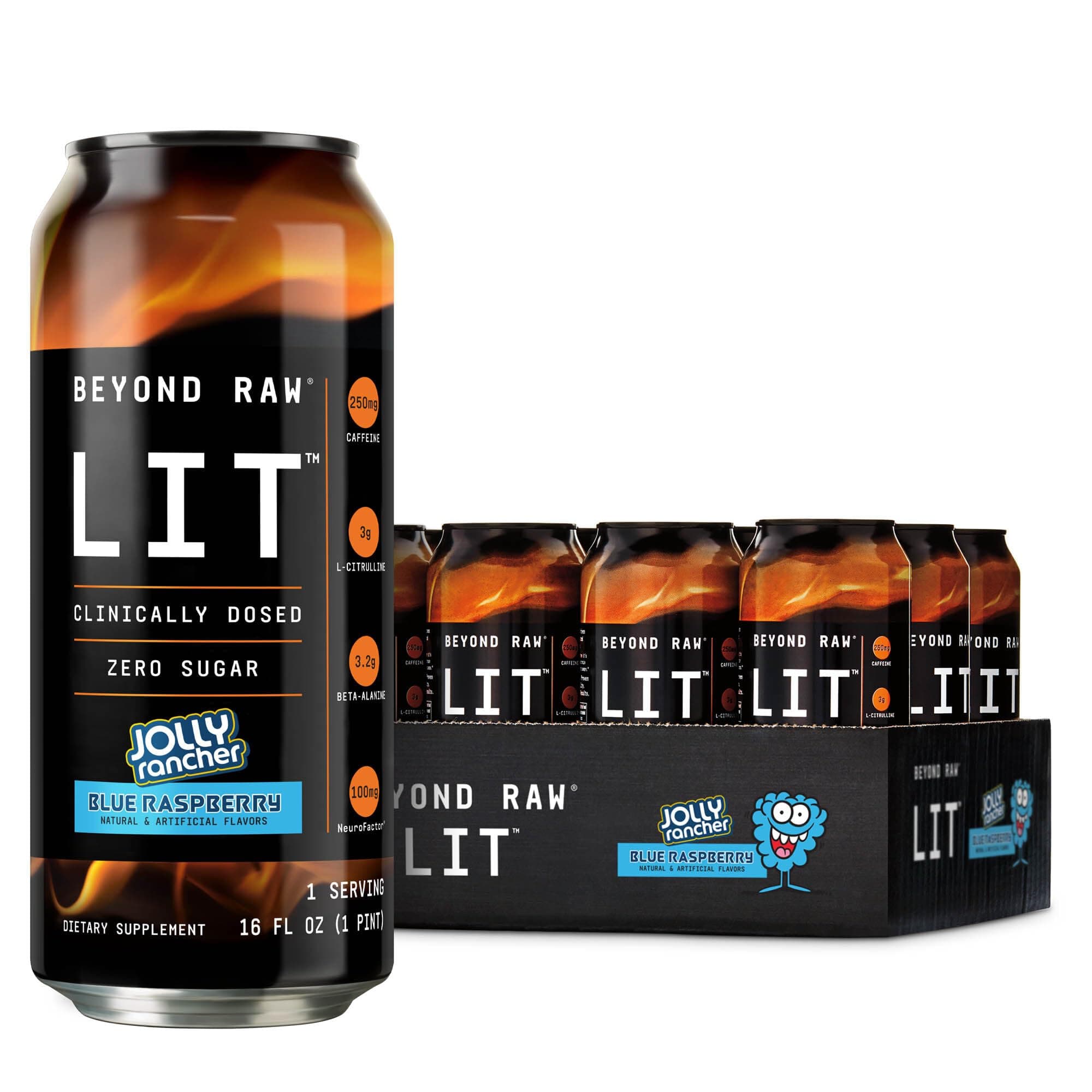 Beyond Raw LIT Ready to Drink Pre Workout, Jolly Rancher Blue Raspberry, For Energy, Focus, Intensity and Pumps, With Nitric Oxide Boost, Zero Sugar, 250mg Caffeine with Beta Alanine, 12 Cans