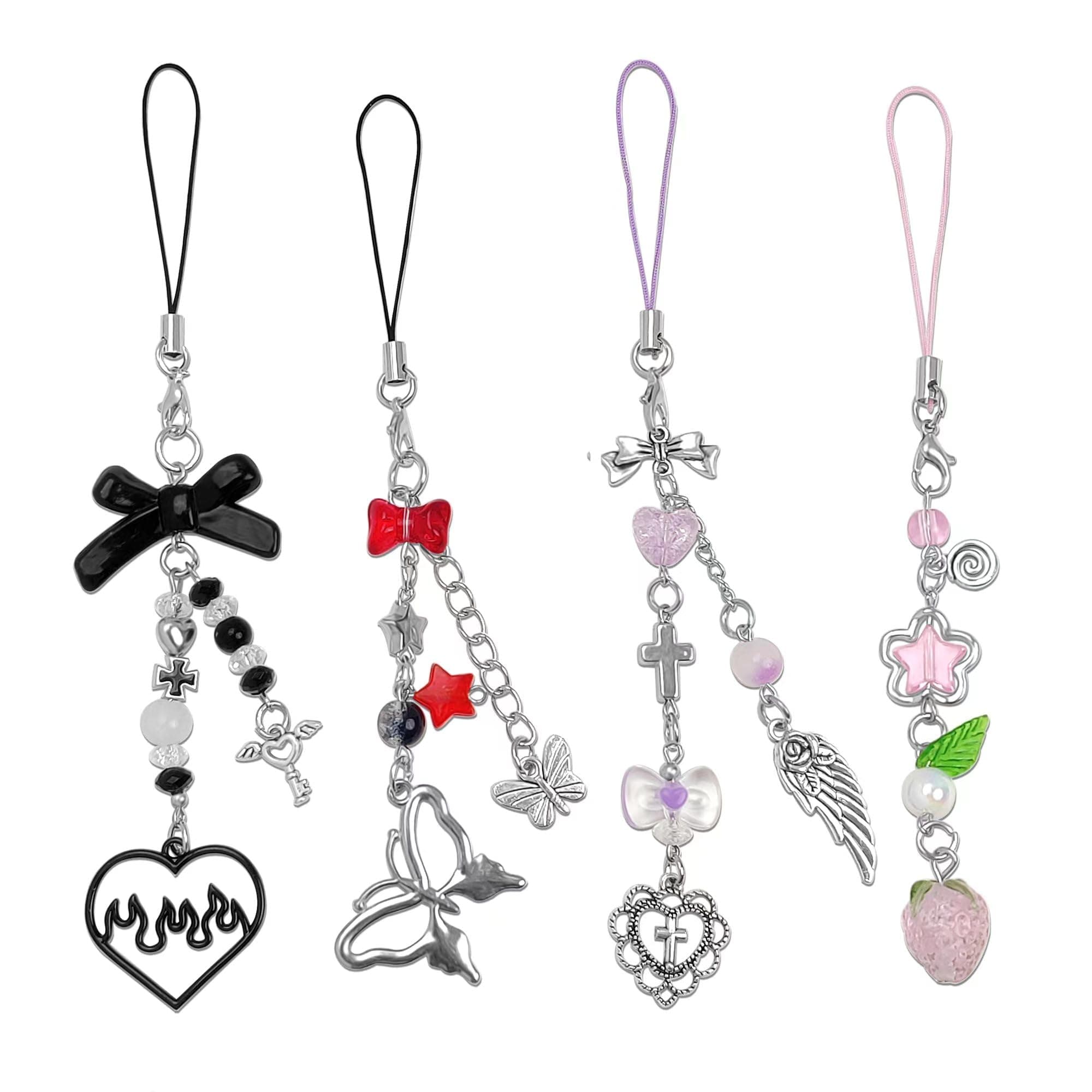 1-4PCS Cute Phone Charms Aesthetic Y2K Cell Phone Charms Strap Pink Strawberry Butterfly Star Phone Charm Y2K Accessories for Phone Bag Keychain Airpods Camera Pendants Decor