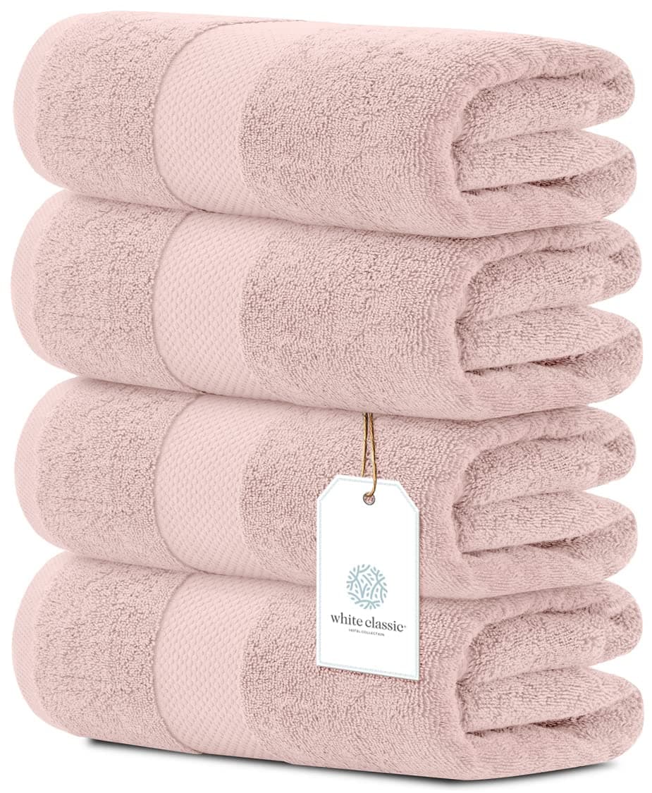 White Classic Luxury Bath Towels Set of 4 Large - 700 GSM Cotton Ultra Soft Bath Towels 27x54 | Highly Absorbent and Quick Dry | Hotel Towels for Bathroom Luxury, Plush Shower Towels, Pink
