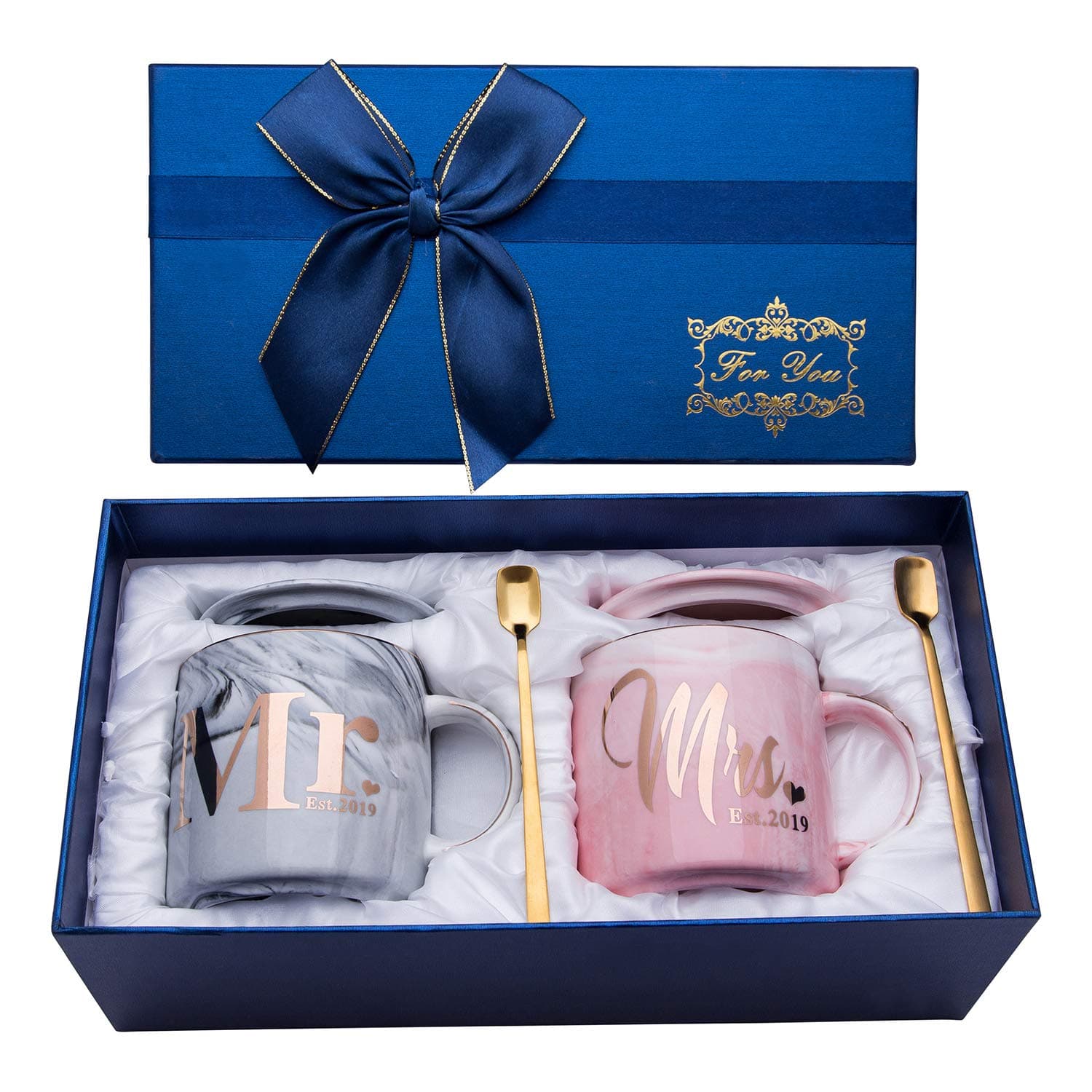 Luspan Mr Mrs EST 2019 Engagement Wedding and Bridal Shower Couples Gifts for Bride and Groom To Be - Ceramic Marble Coffee Cups 11.5 Oz