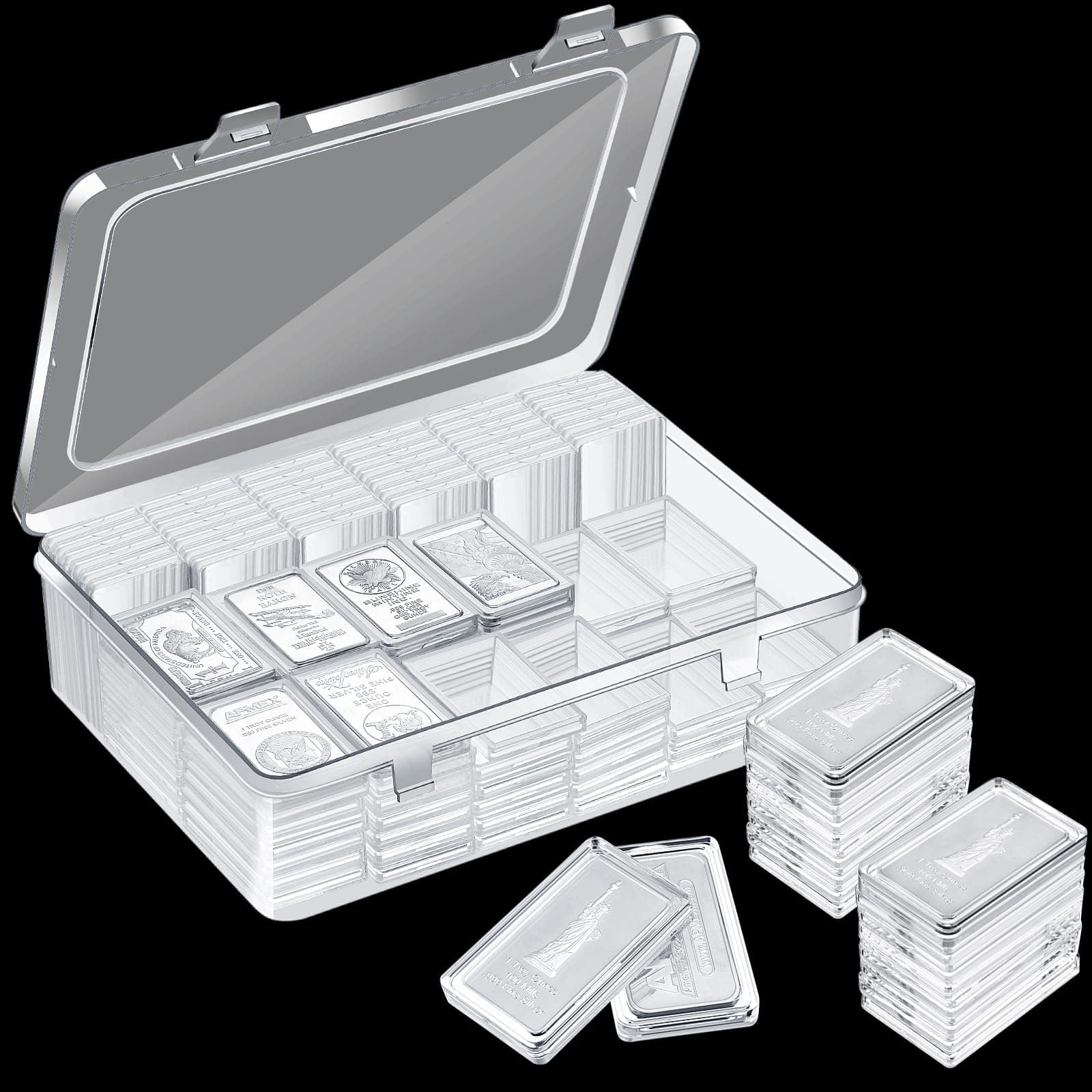 Batiyeer 100 Pcs 1 oz Silver Bar Case Holder Clear Acrylic Bar Capsule Storage Container for 1 Ounce Holder with Plastic Storage Box for Collectors Investors
