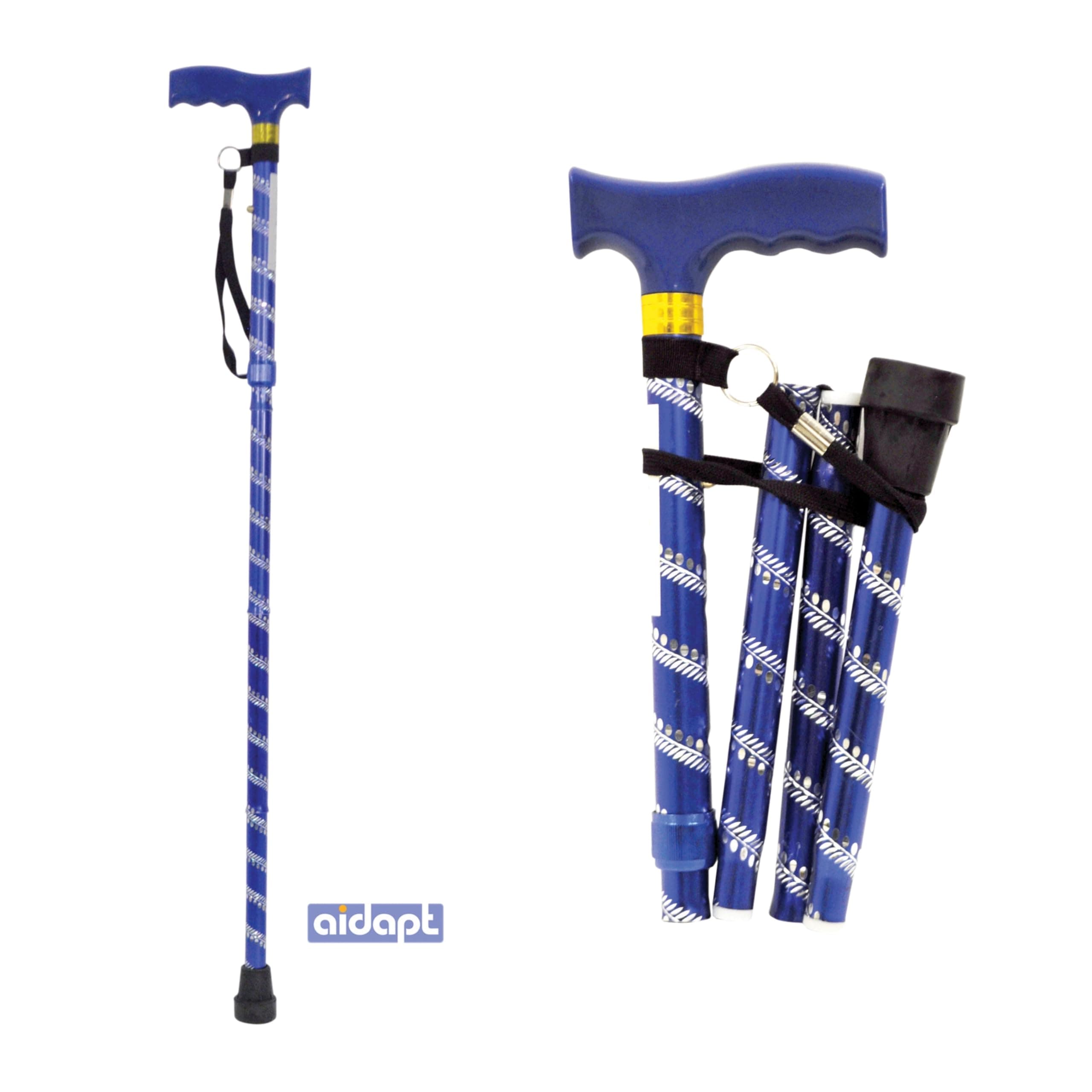 Aidapt Patterned Fold Down Adjustable Height Lightweight Walking Stick with Anti Slip Ferrule Foot to Aid Stability and Confidence when Walking Supplied with a Hanging Carry Strap and Wood Handle
