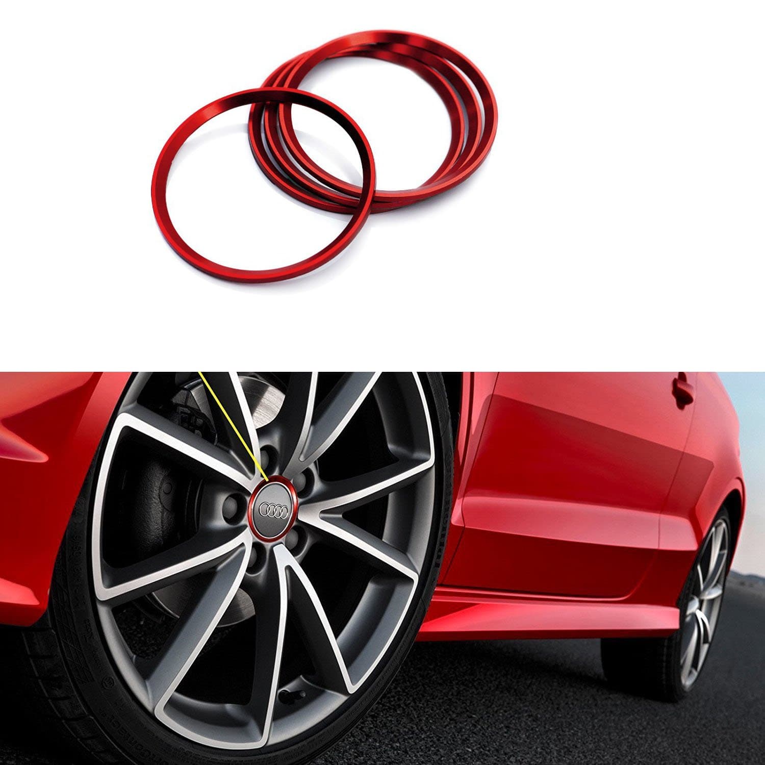 4 Pieces Alloy Car Wheel Rim Center Cap Hub Rings Decoration for Audi A3 A4 A5 Q3 Q5 Q7 TT Quattro, BMW X1 X3 X5 1 3 5 6 7 Series (Red)