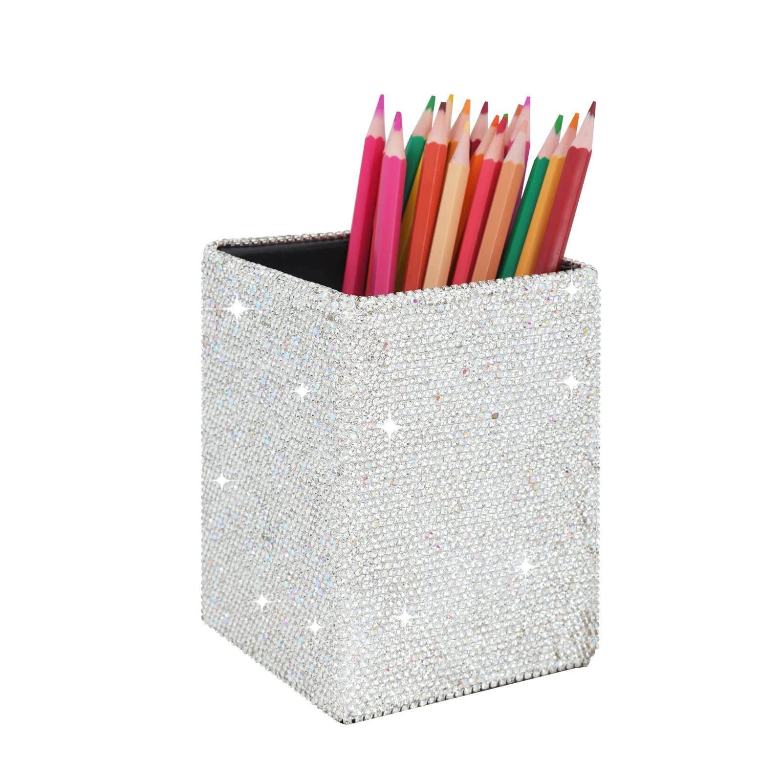 KEYPOWER Crystal Pencil Pot Holder Box Bling Rhinestone Pen Organizer Holder Cosmetic Pen Container Comb Brushes Personalized (Square White&AB Color)