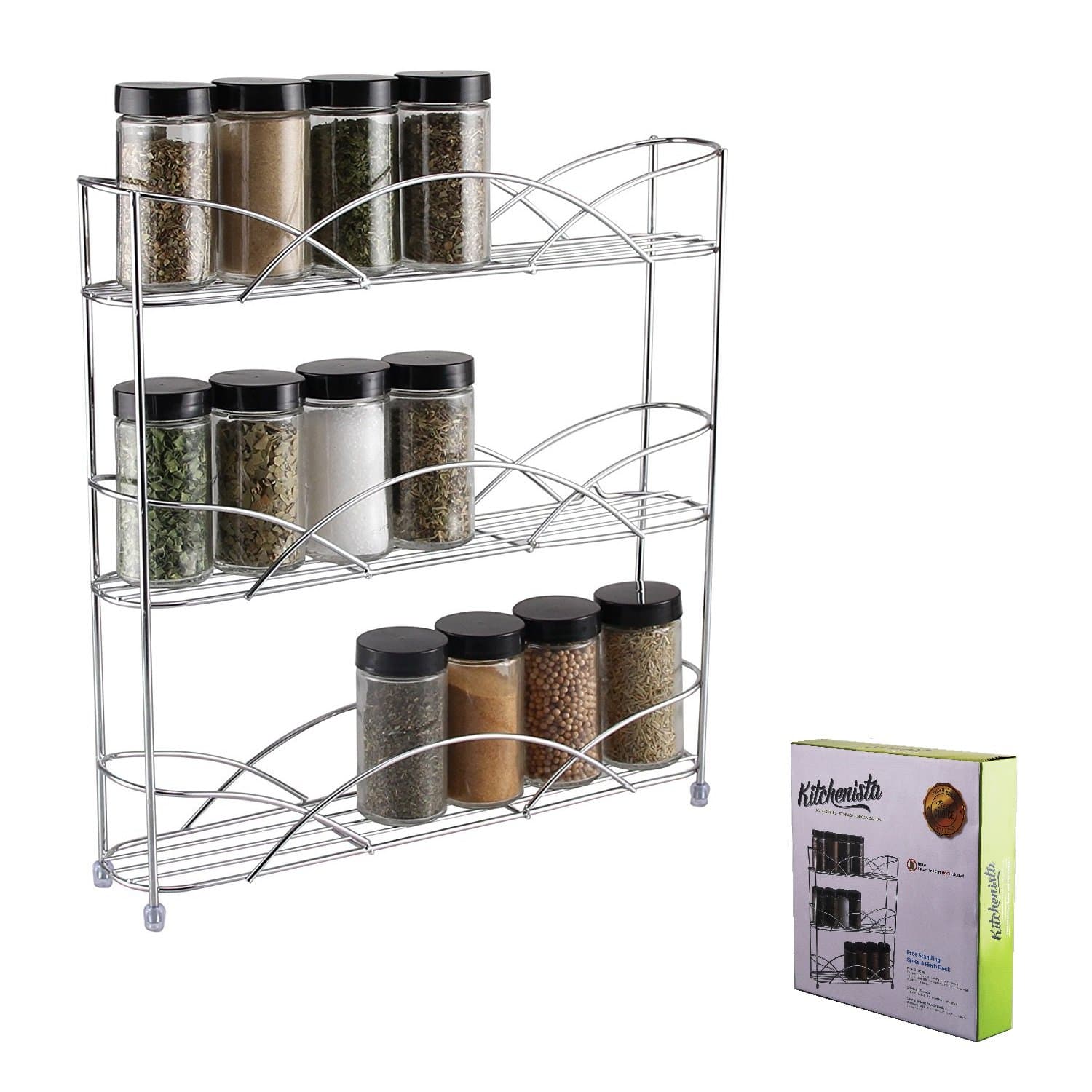 Kitchenista Free Standing Spice and Herb Rack, Universal to fit multiple sized jars (Chrome)