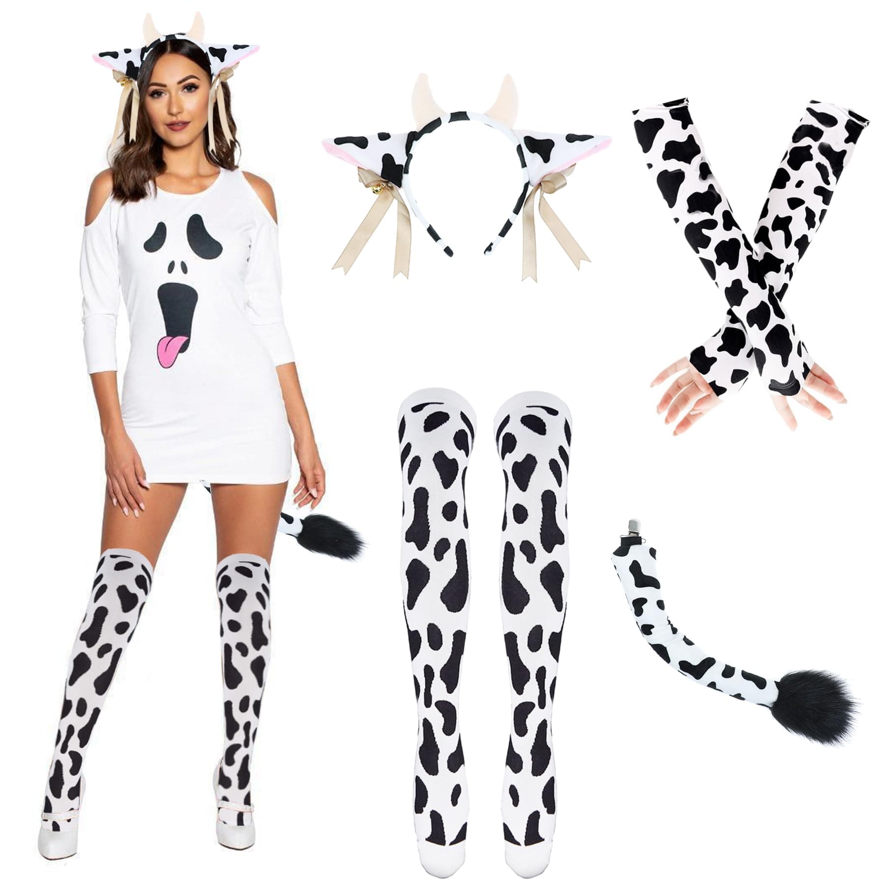 4Pcs Womens Cow Ears Headband & Tail Costume Set, Cows Print Arm Sleeves & Socks for Halloween Adults Cosplay Accessories (Black & White)