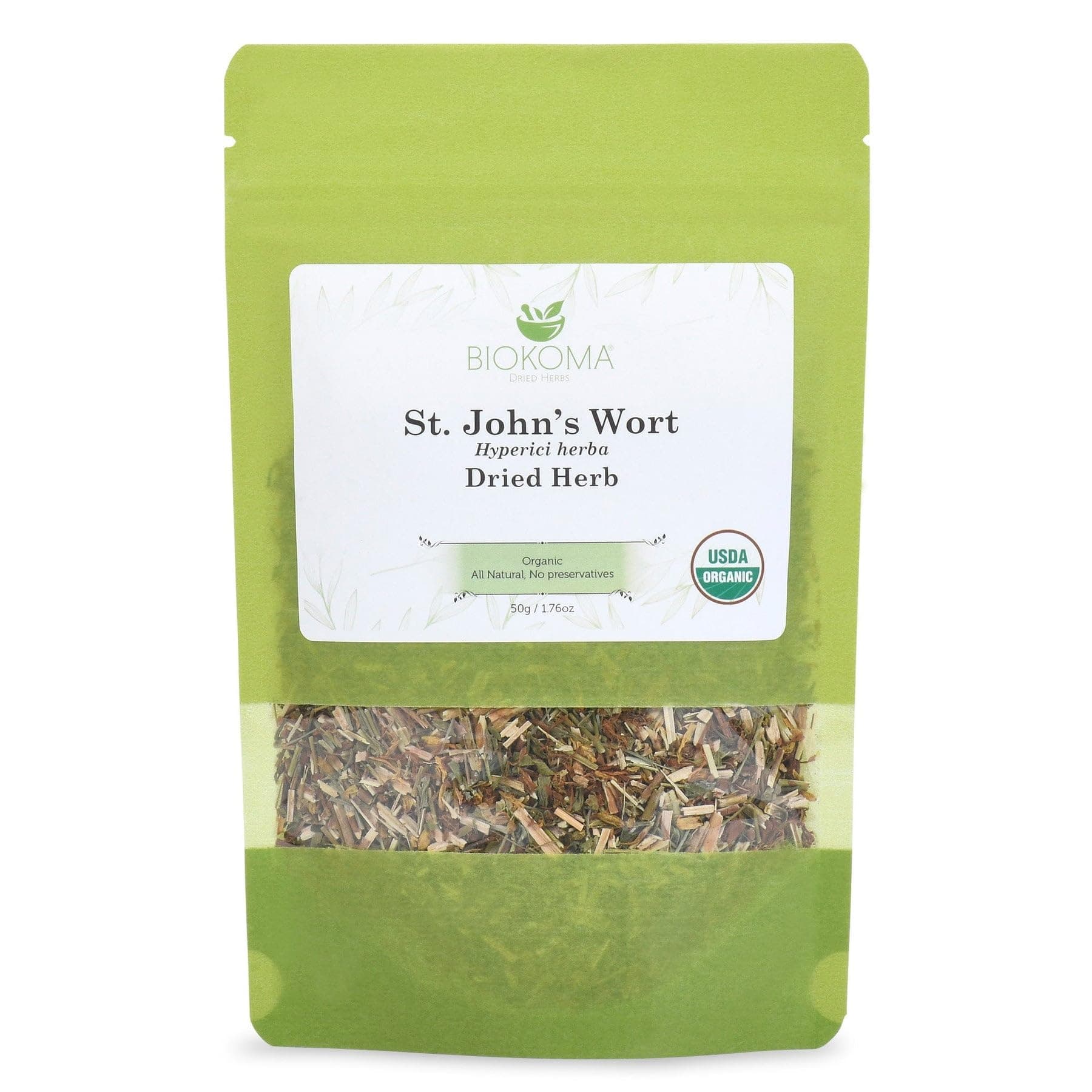 Biokoma Organic St. John’s Wort Dried Herb 50g (1.76oz) in Resealable Moisture Proof Pouch, USDA Certified Organic - Herbal Tea, No Additives, No Preservatives, No GMO, Kosher