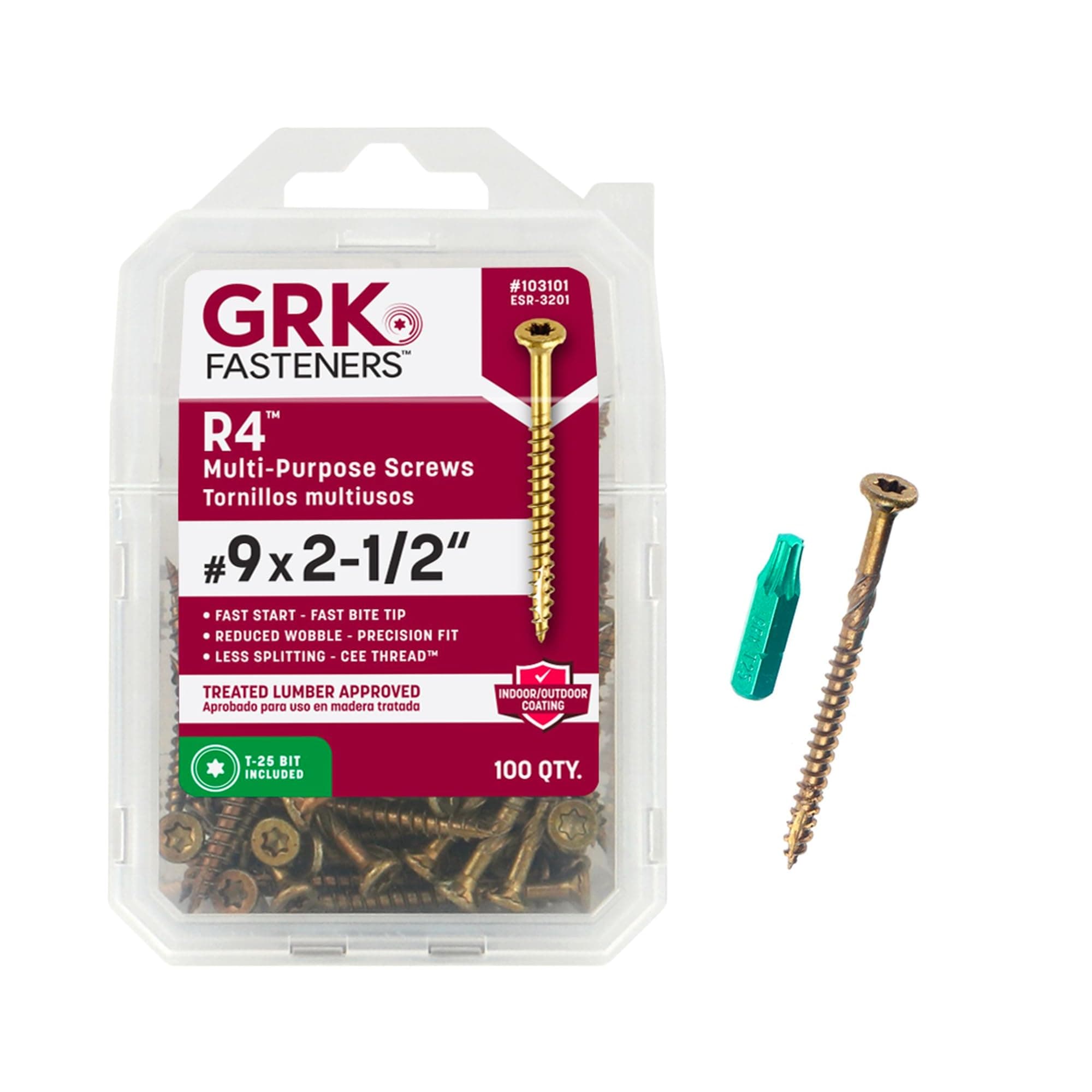 GRK Fasteners R4™ #9 x 2-1/2 Inch, Multi-Purpose Framing Screws, 100 PCS, Rust Resistant Climatek™ Coating, Outdoor Deck Screws, Fast Bite Tip, Star Drive Recess, T-25 Bit Included, Gold