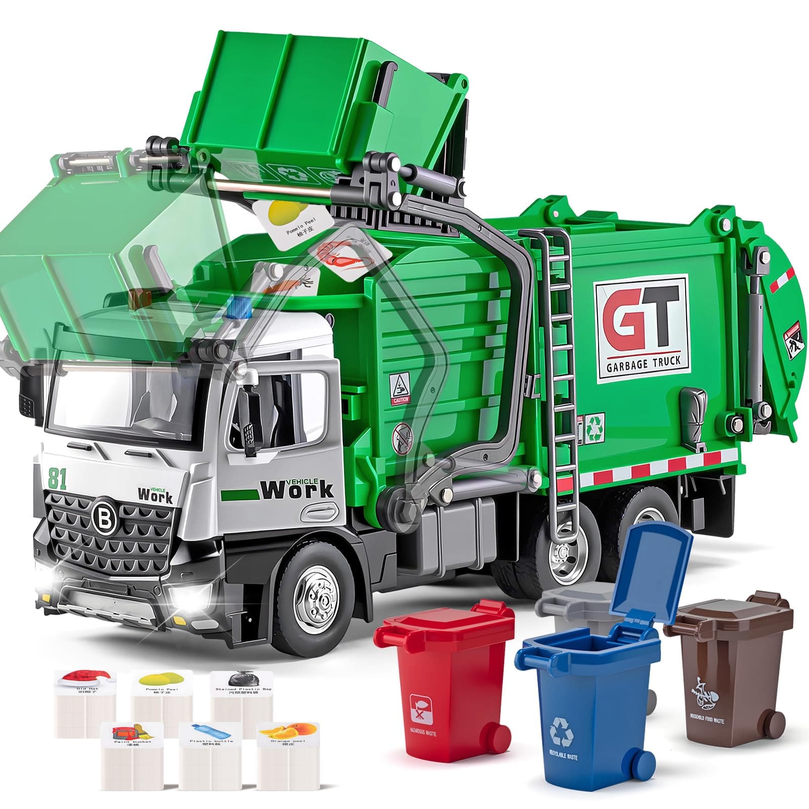 Garbage Truck Toys Metal Cab, Realistic Trash Truck Toys for Boys Kids with Lights and Sounds, Friction Powered Recycling Vehicles, Front Loader with Dumpster, 4 Trash Bins, 12"