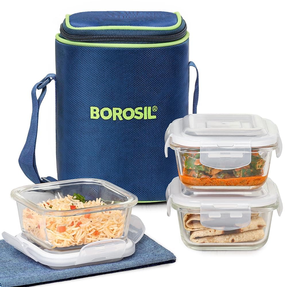 Glass Lunch Box Set Of 3, Clear, 320 Ml, Microwave Safe Office Tiffin (12 X 12 X 6.5 Cm)