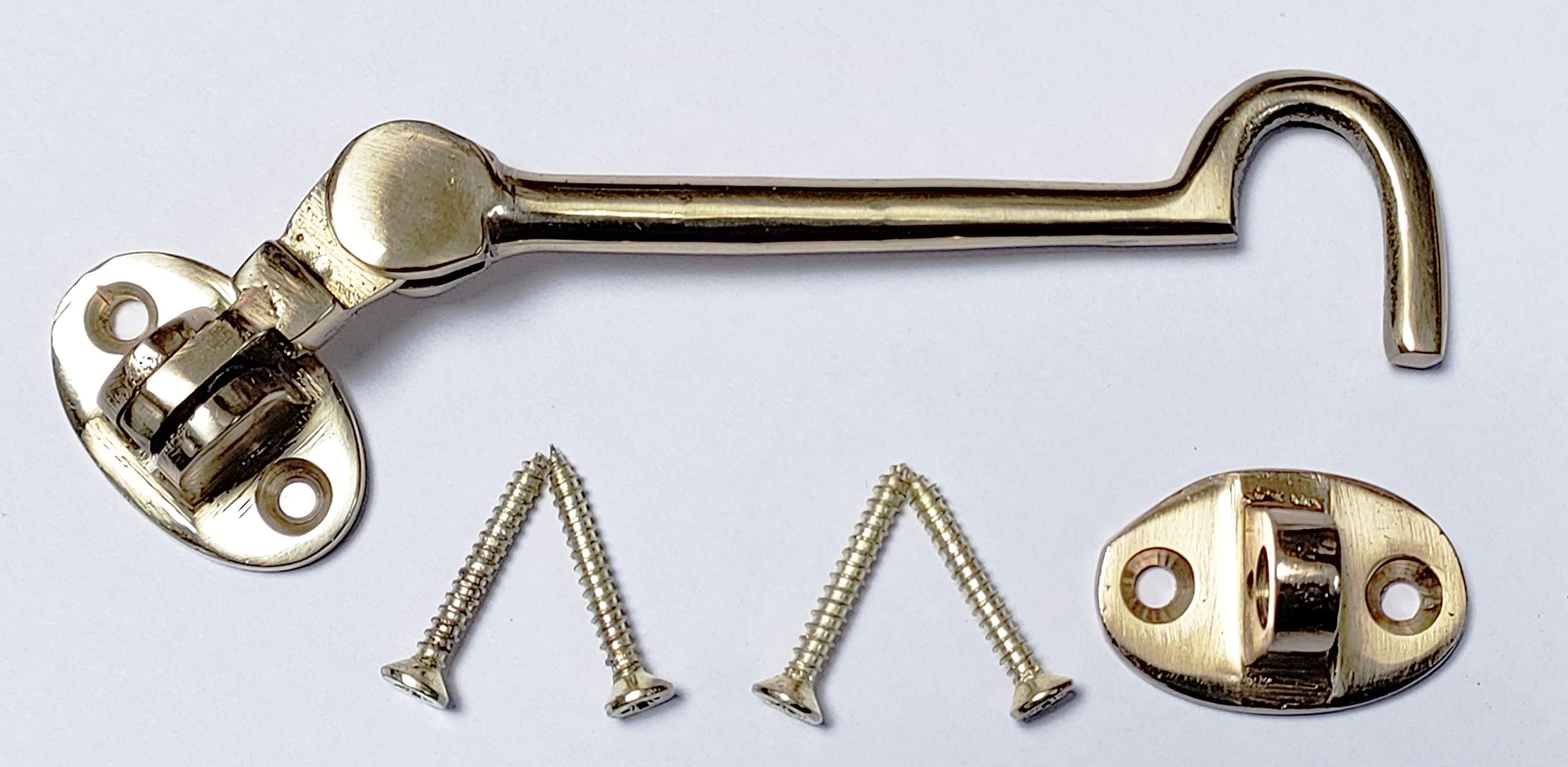 SISI UK Brass Cabin Hook 4 Inch Brass Cabin Hook & Eye Silent Catch Door Latch Holder with Screws Silent Cabin Hook for Shed Gate Catch Garden Gate Latch Patio Doors in Various Finishes Pack of 1.