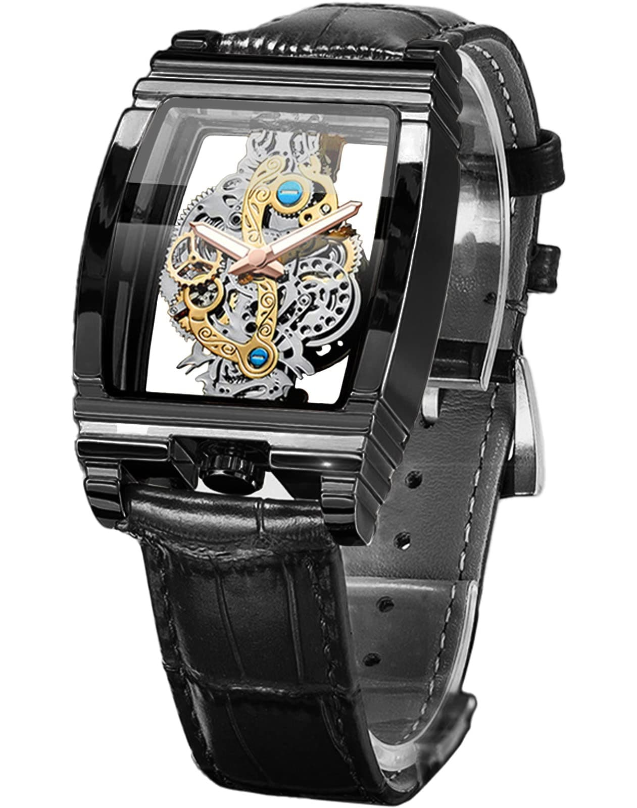 FORSINING Men's Luxury Hollow Skeleton Watch Retro Gorgeous Gear Carving Design Rectangle Tonneau Large Dial Leather Belt & Stainless Steel Band Quartz Wristwatch Not Mechanical Watches