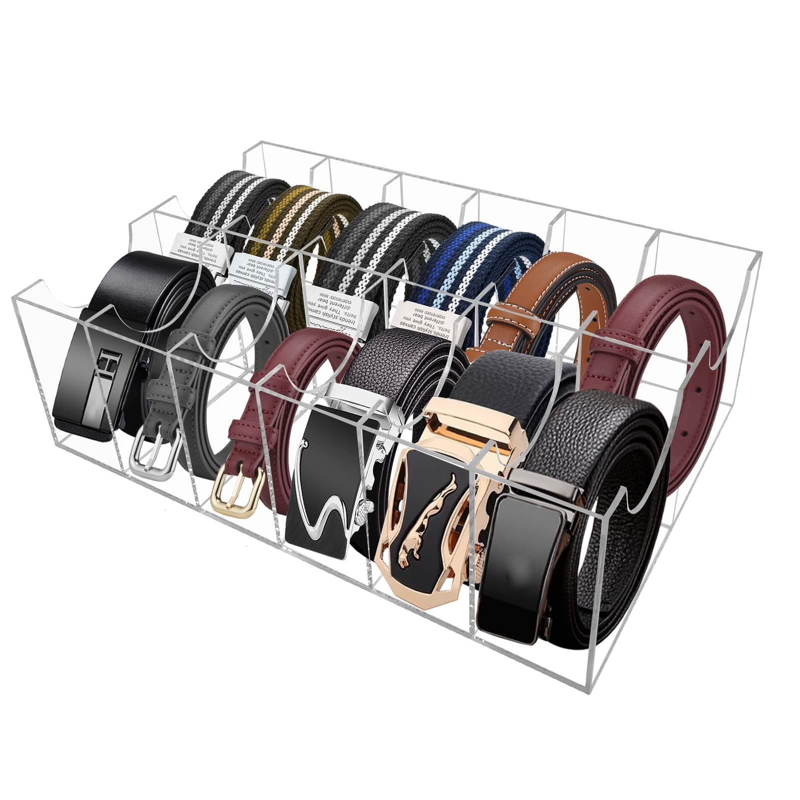 Belt Organizer, Acrylic 12 Compartments Belt Container Storage Holder, Acrylic Belt Display Storage Box, Clear Belt Display Case for Closet Tie and Bow Watch Jewelry Bracelets Ring Cosmetic…