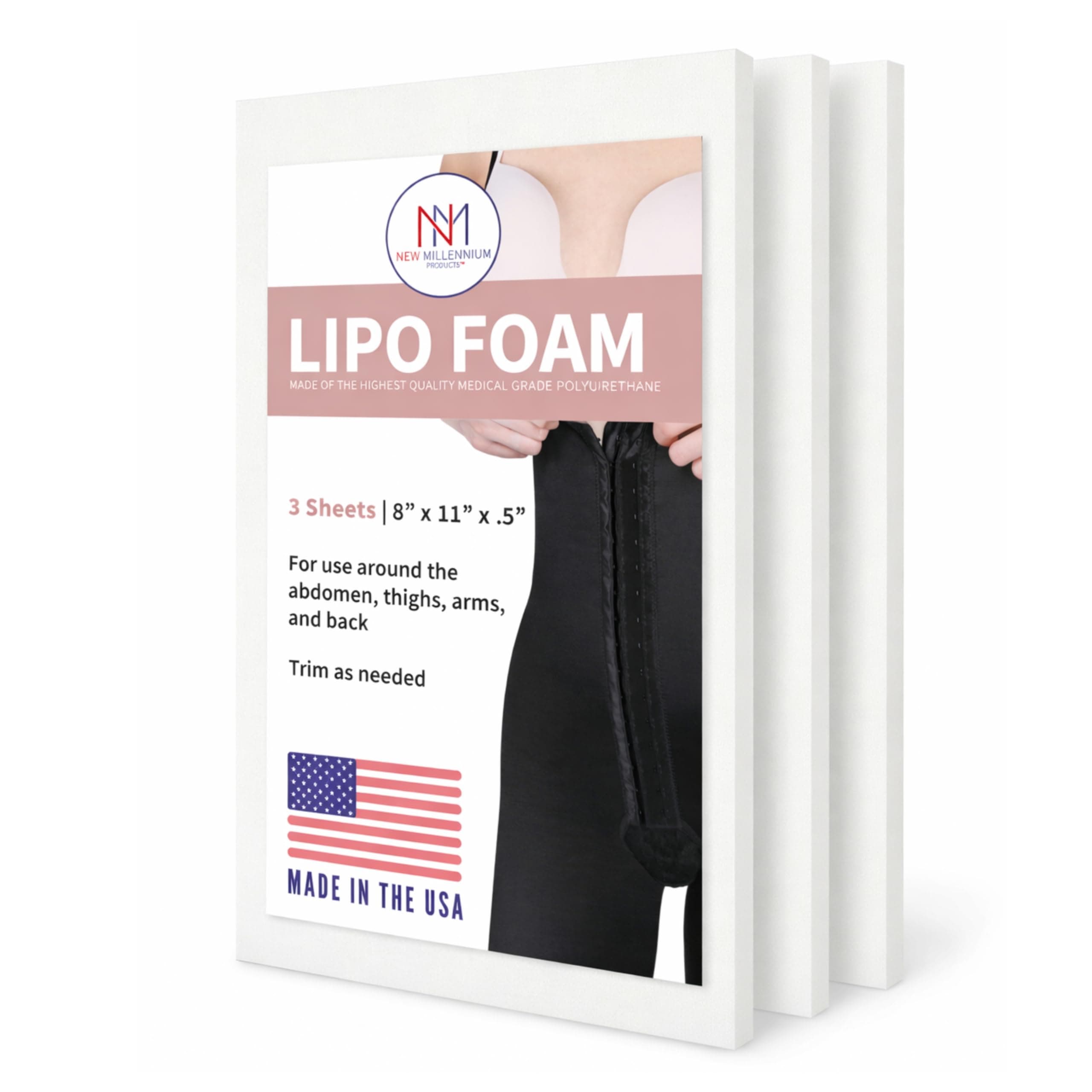 New Millennium Premium Lipo Foam Sheets (3 Pack) | USA Medical-Grade Compression Pads - Liposuction, BBL, Tummy Tuck | Reduce Swelling & Bruising | Use with Fajas, Ab Boards, Recovery Garments (8x11)