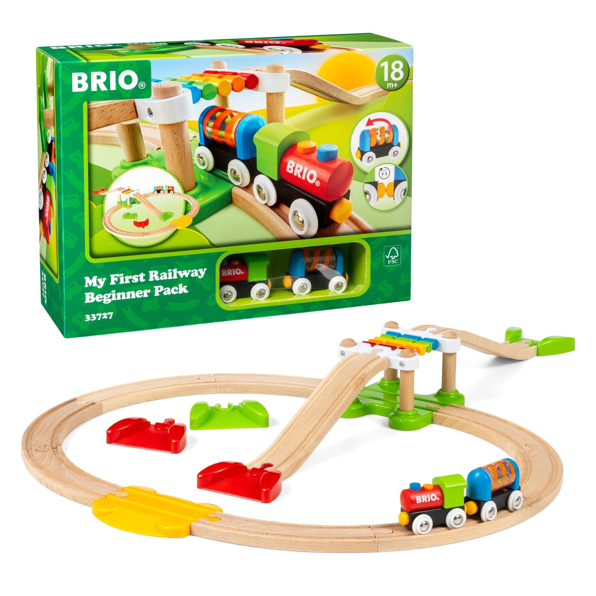 My First Railway Beginner Pack - 18-Piece FSC-Certified Wood Train Set - Compatible with All BRIO Sets - Includes Rainbow Bridge & Rattle Wagon - Safe Play - Toddlers Ages 18 Months & Older