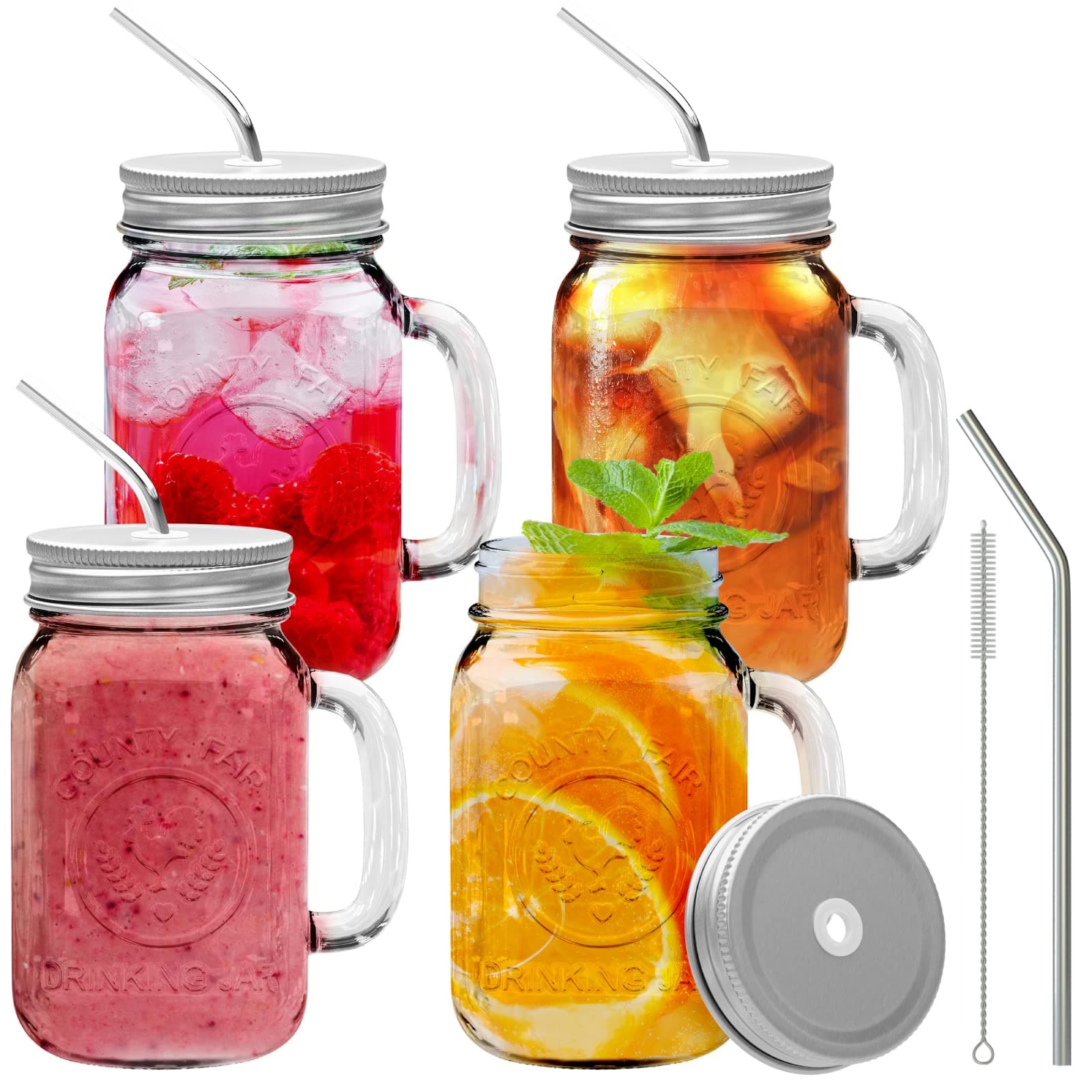 brimley 16oz Glass Mason Jar Set of 4 with Lid and Straw - Mason Jars with Handle for Cold Drinks - Glass Mason Jars with Metal Mason Jar Lids with Stainless Steel Straws and Straw Hole