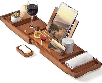 Bamboo Bathtub Caddy Tray - Expandable to 41 Inches with Book Stand, Soap Holder & Anti-Slip Pads for Luxury Bath Spa, Brown