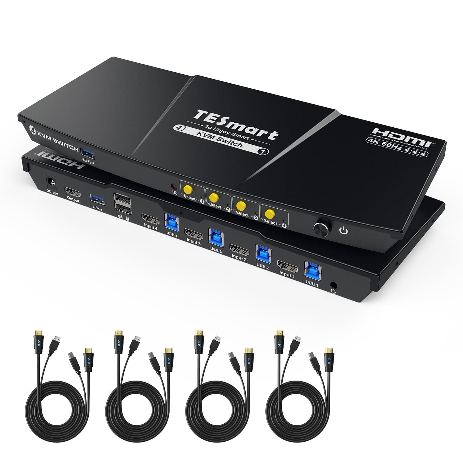 TESmart USB 3.0 HDMI KVM Switch 1 Monitor 4 Computers 4K@60Hz, L/R Audio & Microphone, 4 Port EDID Emulators, Hotkey Switching, Button Switching with Remote Switch and All Input Cables