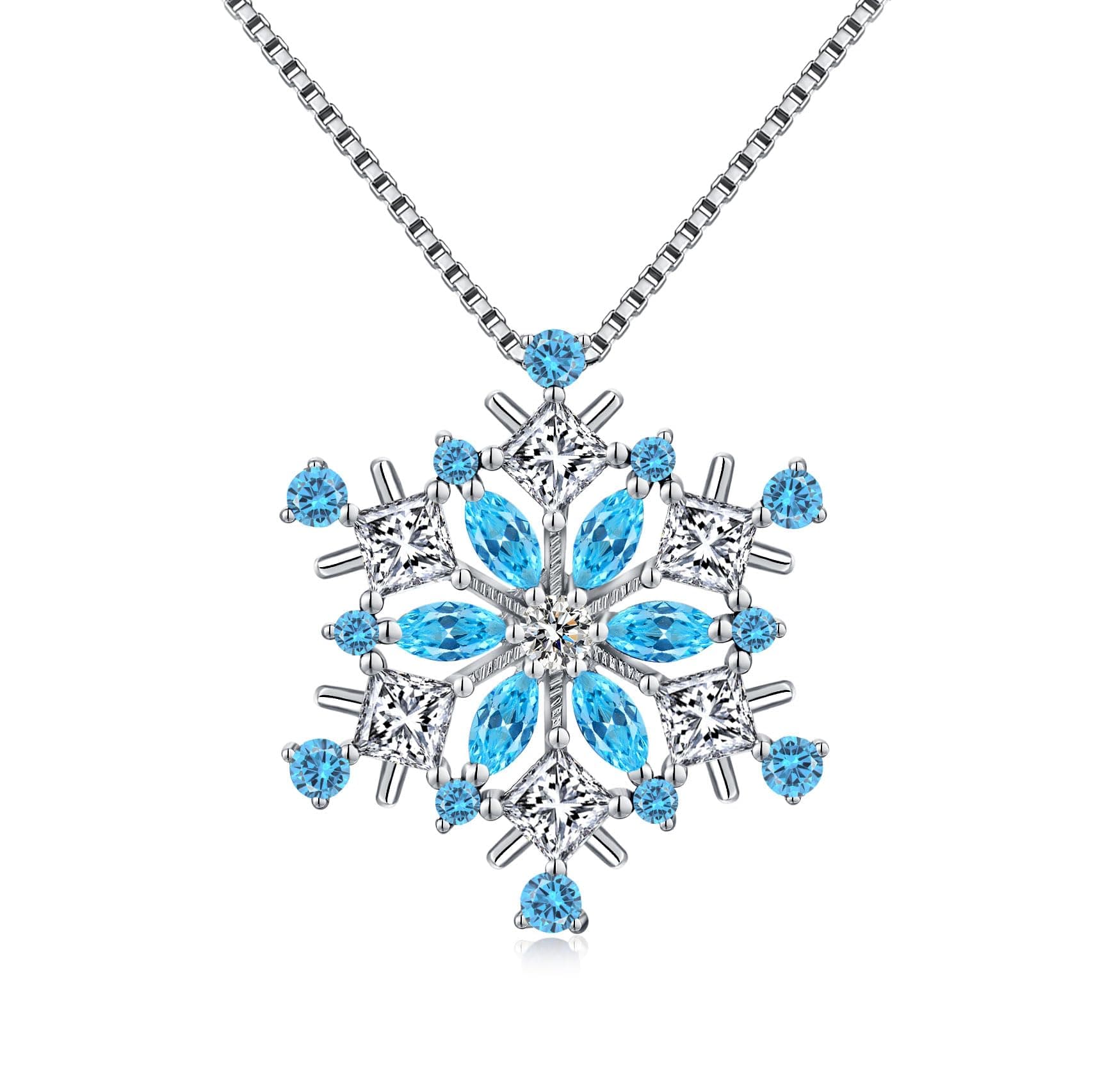 Sterling Silver Women's Snowflake Pendant Necklace with White Blue Sparkling Zirconia Winter Jewellery for Her