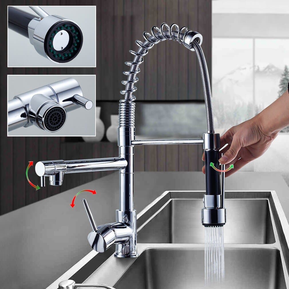 Auralum® Chrome Solid Brass Pull Out Spray Spring Kitchen Faucet Kitchen Sink Taps Sink Mixer Tap