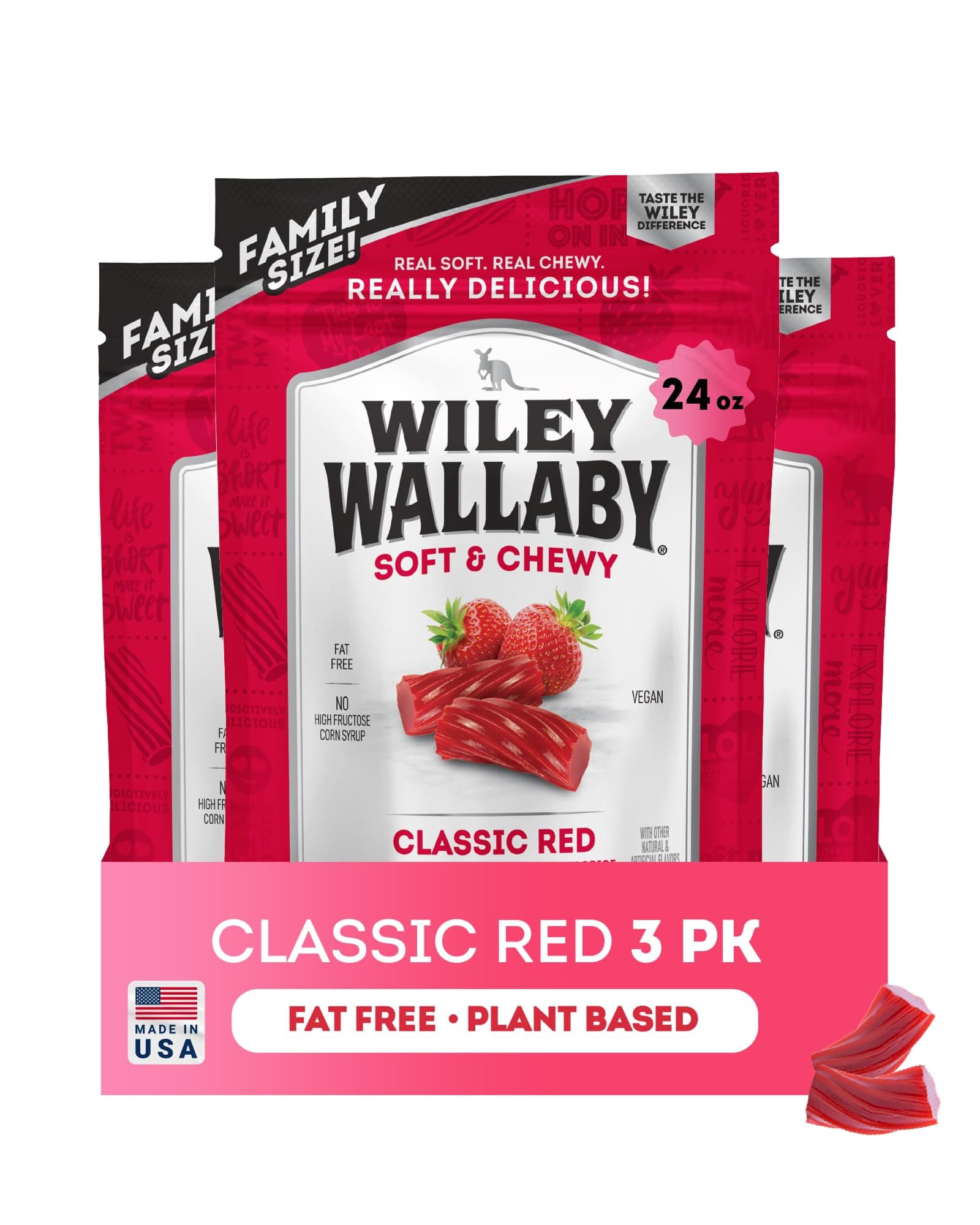 Wiley Wallaby Licorice 24 Ounce Classic Gourmet Soft & Chewy Australian Red Licorice Candy Twists, 3 Pack