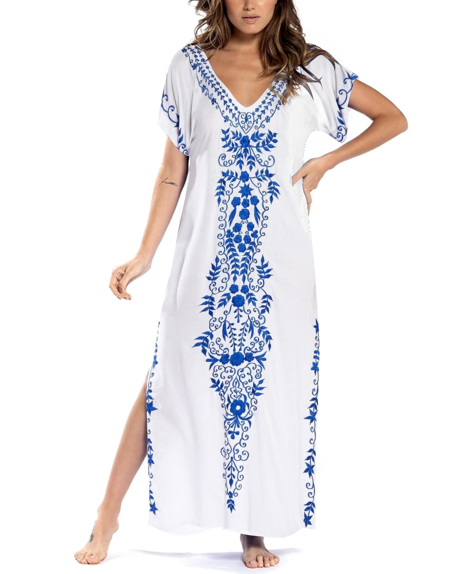 Busbseach Caftan Dresses for Women Embroidery Short Sleeve Beach Cover Up V Neck Maxi Kaftan Dress