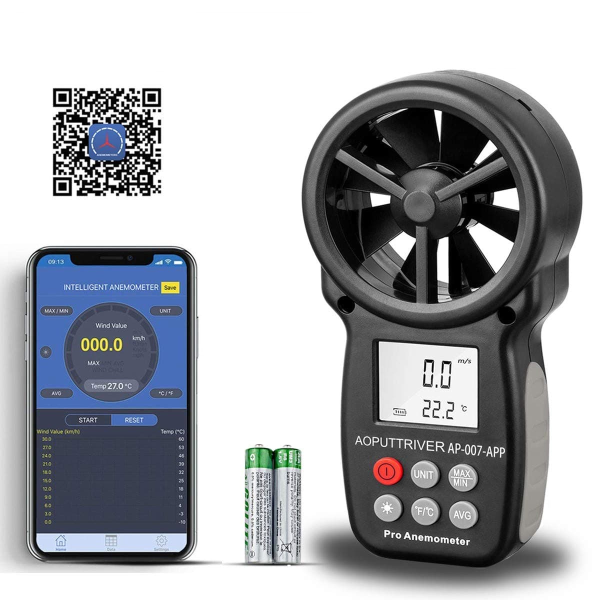 Handheld Anemometer Wireless Bluetooth Anemometer, AP-007APP Wind Speed Meter Measure Wind Speed & Temperature | Backlit Display | Max/Min/AVG Readings, Ideal for Shooting, Sailling, Climbing, HVAC