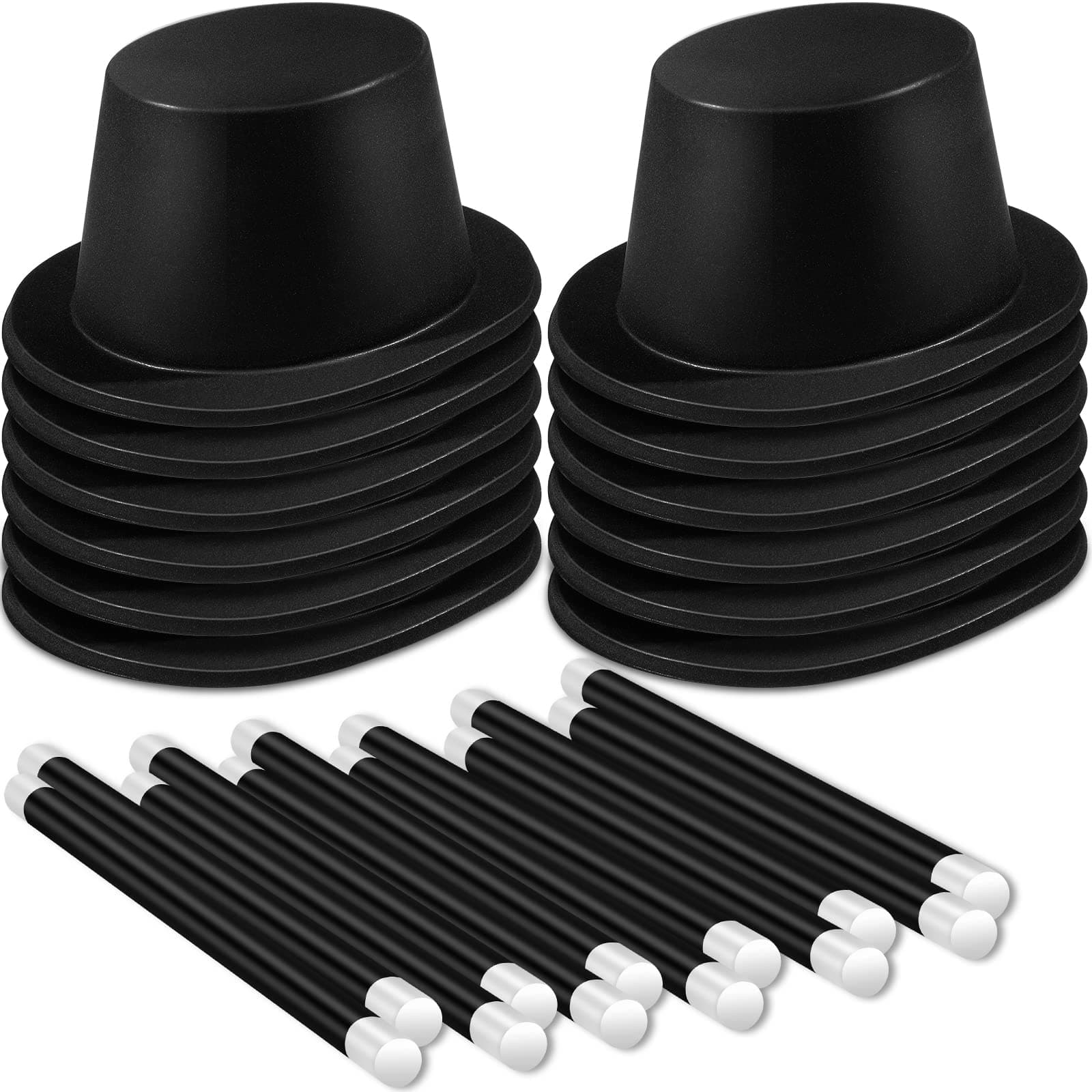 SATINIOR 12 Pcs Magician Black Top Hat Plastic top Hats with 12 Magician Wands Plastic Large Magic Party Favors for Kids Dress up Party Birthday Supplies