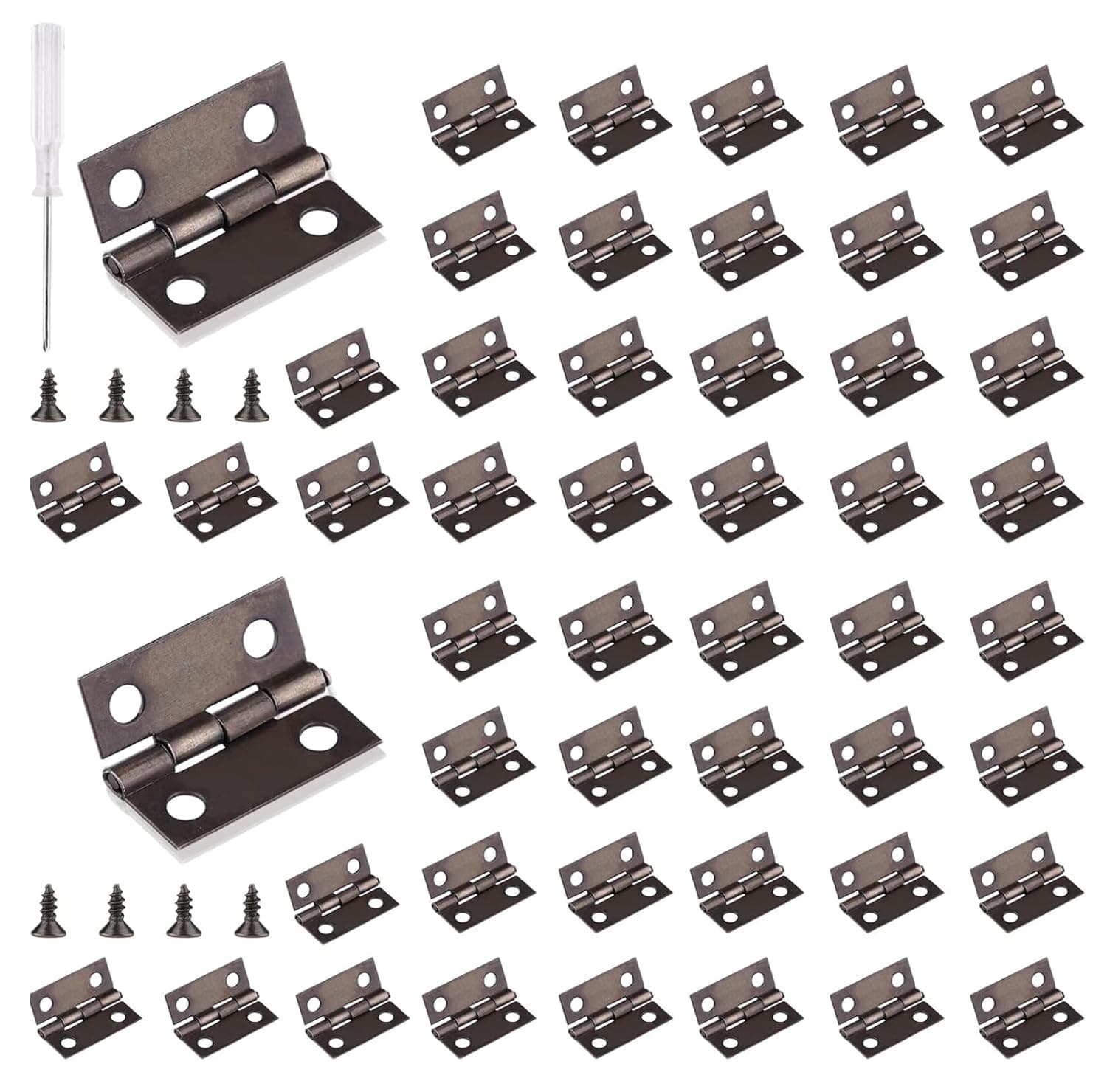 Hinge Mini Antique Pack of 60 Small Folding Hinges Metal with Screwdriver and 240 Screws for Wooden Box Jewellery Box Cabinet, 15 mm x 18 mm, Retro