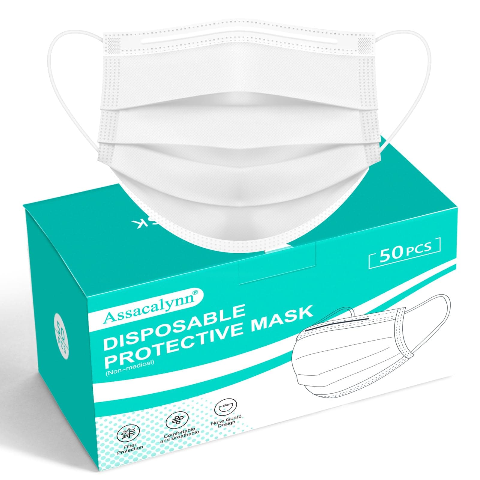 Assacalynn [Upgraded 2023] Disposable Face Masks White 50pcs, 3 Layer White Masks for Men Women Adult-Large