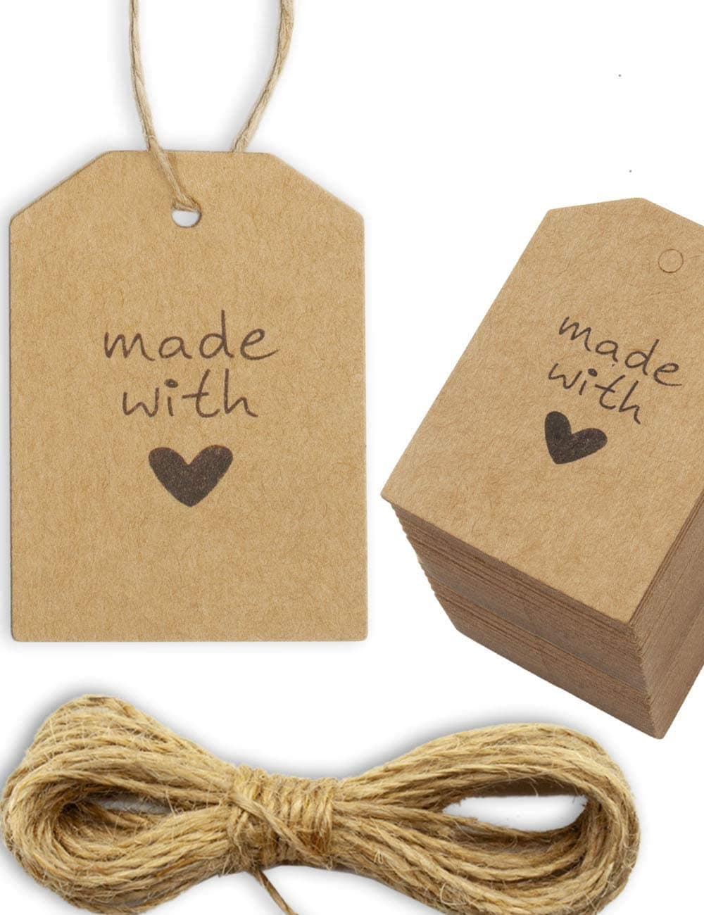 Premify 100 Kraft Paper Natural Cardboard Gift Tags Gift Label | Brown Cardboard Labels 5.5 x 4cm with 10m Jute Twine String - Made with Love Heart Tag Used for Gifts Party Wedding Valentine Birthdays