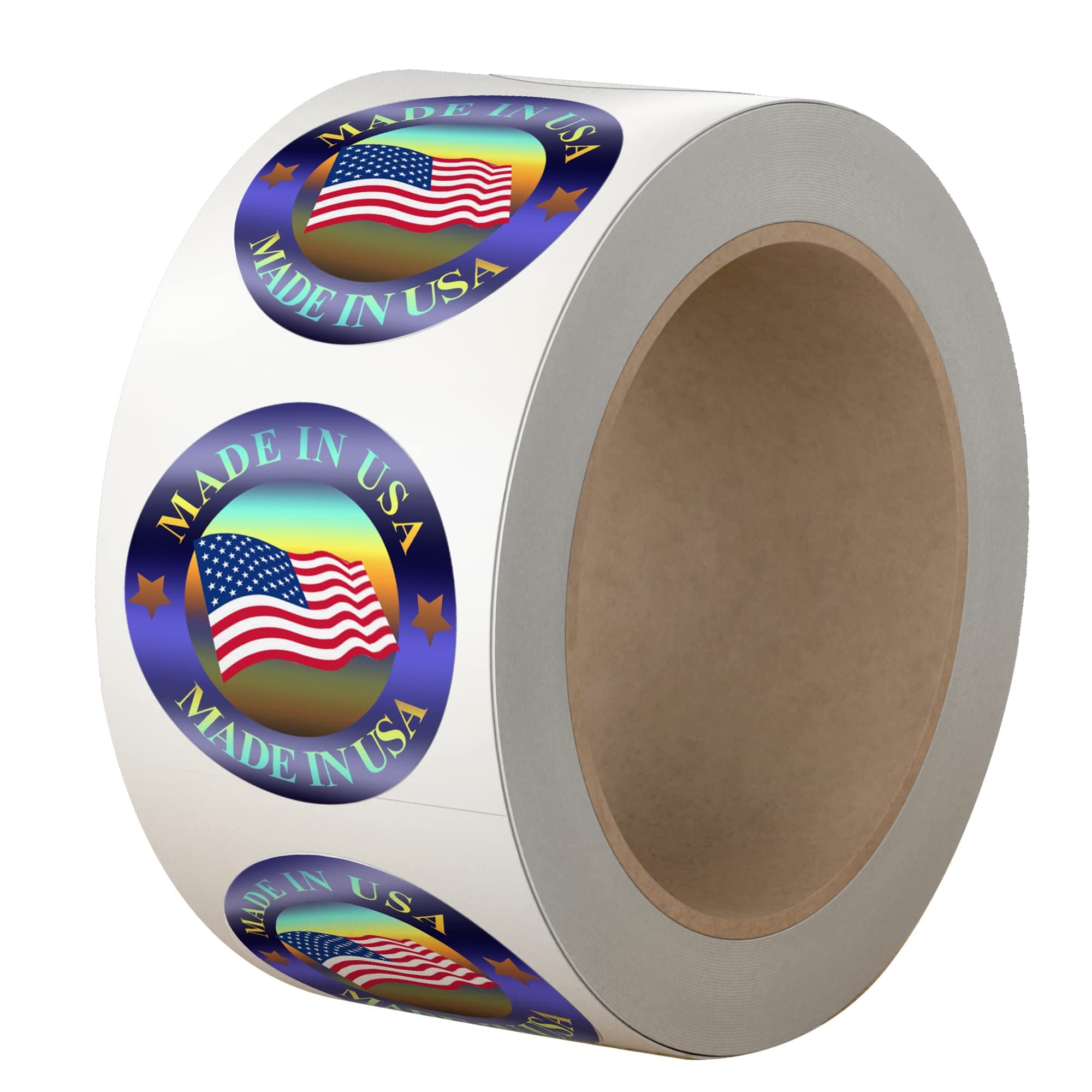 Made in USA Hologram Flag Labels 1-Inch Round American Flag Stickers, 2 Colors (Blue and Red) Glossy Silver Metalized, 500 PCS Per Roll US Flag Sticker for Product and Package Labeling (1 Roll)