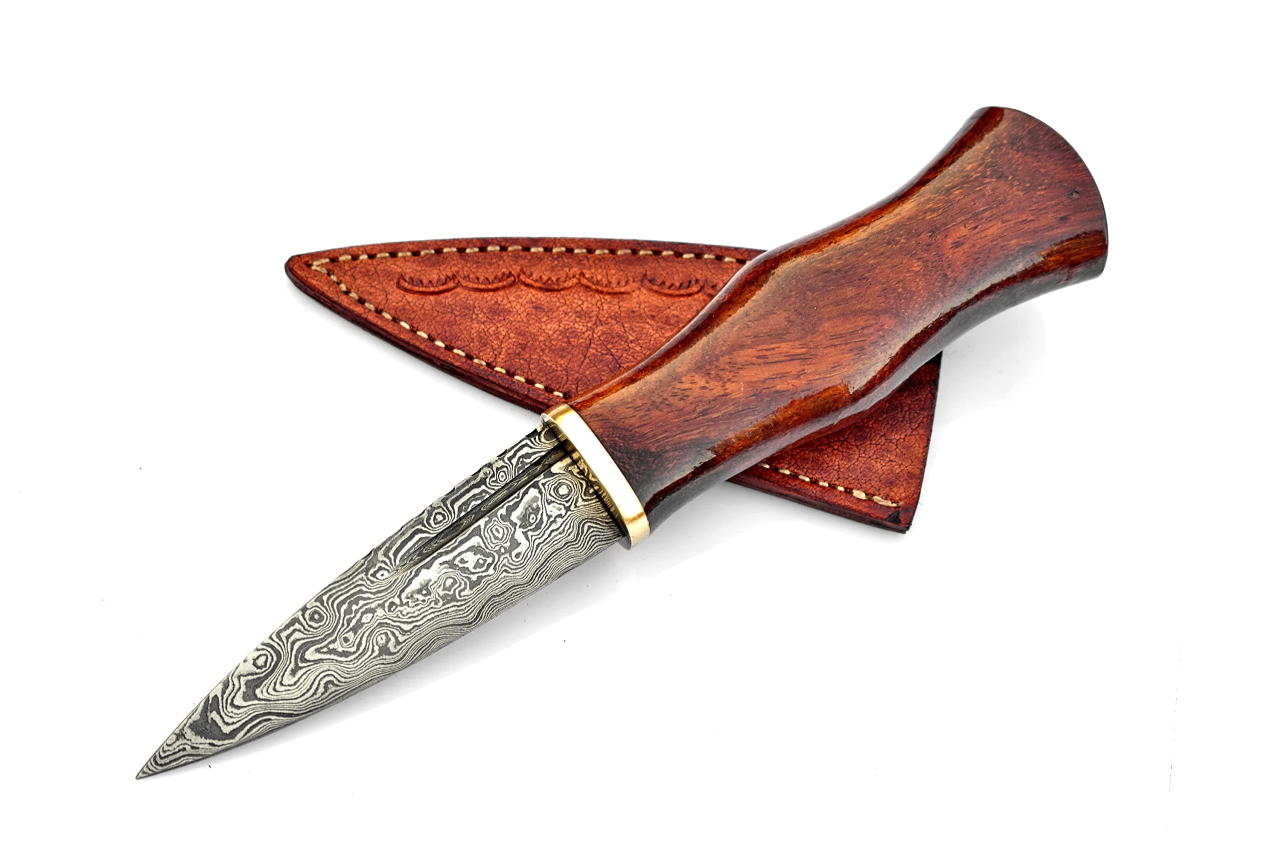 Scottish Dirk SGIAN DUBH Knife Hand Forged Damascus Steel Blade Custom Handmade Rose Wood Handle with Leather Sheath, Brown, Black and Silver