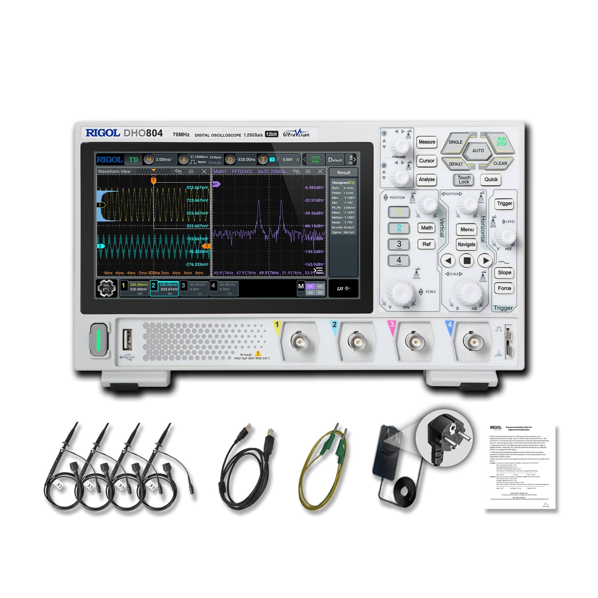 RIGOL DHO804 Digital Storage Oscilloscope 70MHz, 4 Channels, 1.25GSa/s Sample Rate, 25Mpts Memory Depth, 1,000,000 wfms/s Waveform Capture Rate