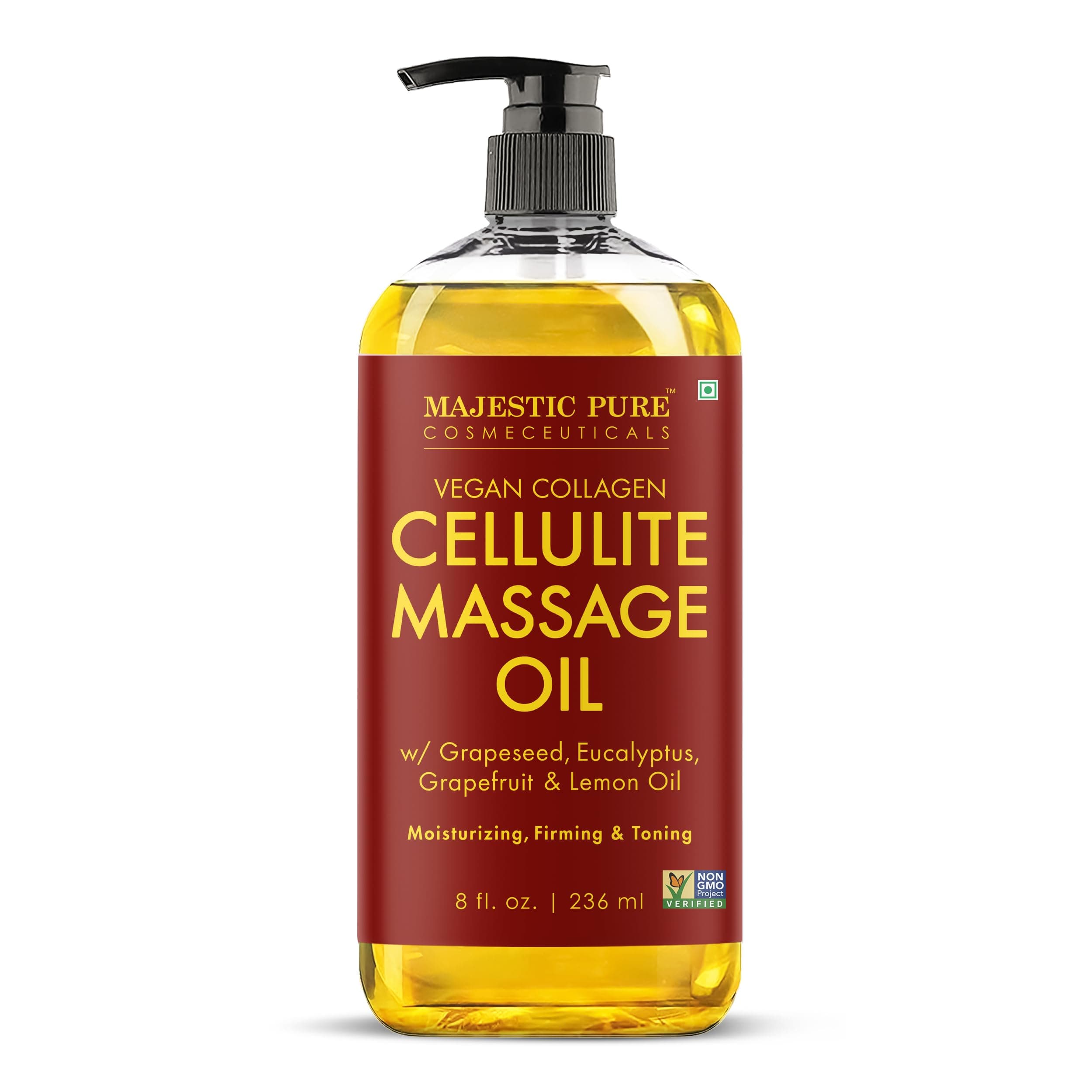 Majestic Pure Cellulite Massage Oil for Massage Therapy- Refreshing and Relaxing- Natural Oils with Grapeseed, Eucalyptus, Grapefruit & Lemon Oil- All Skin Types- Men and Women Massage Lotion- 8 fl oz