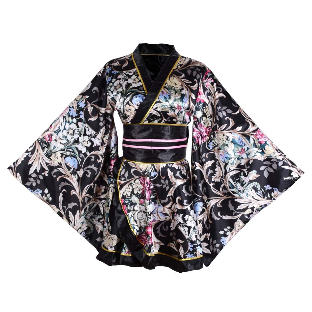 Wraith of East Kimono Costume Adult Japanese Geisha Yukata Floral Patten Gown Blossom Bathrobe Sleepwear With Obi Belt, 16-black, Large