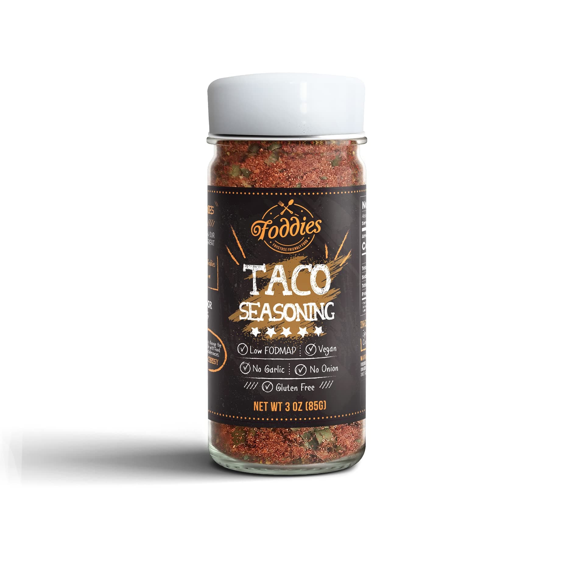 Foddies Low FODMAP Taco Seasoning – No Onion No Garlic Spice Blend for IBS, Gluten Free, Vegan, Plant Based, 3oz