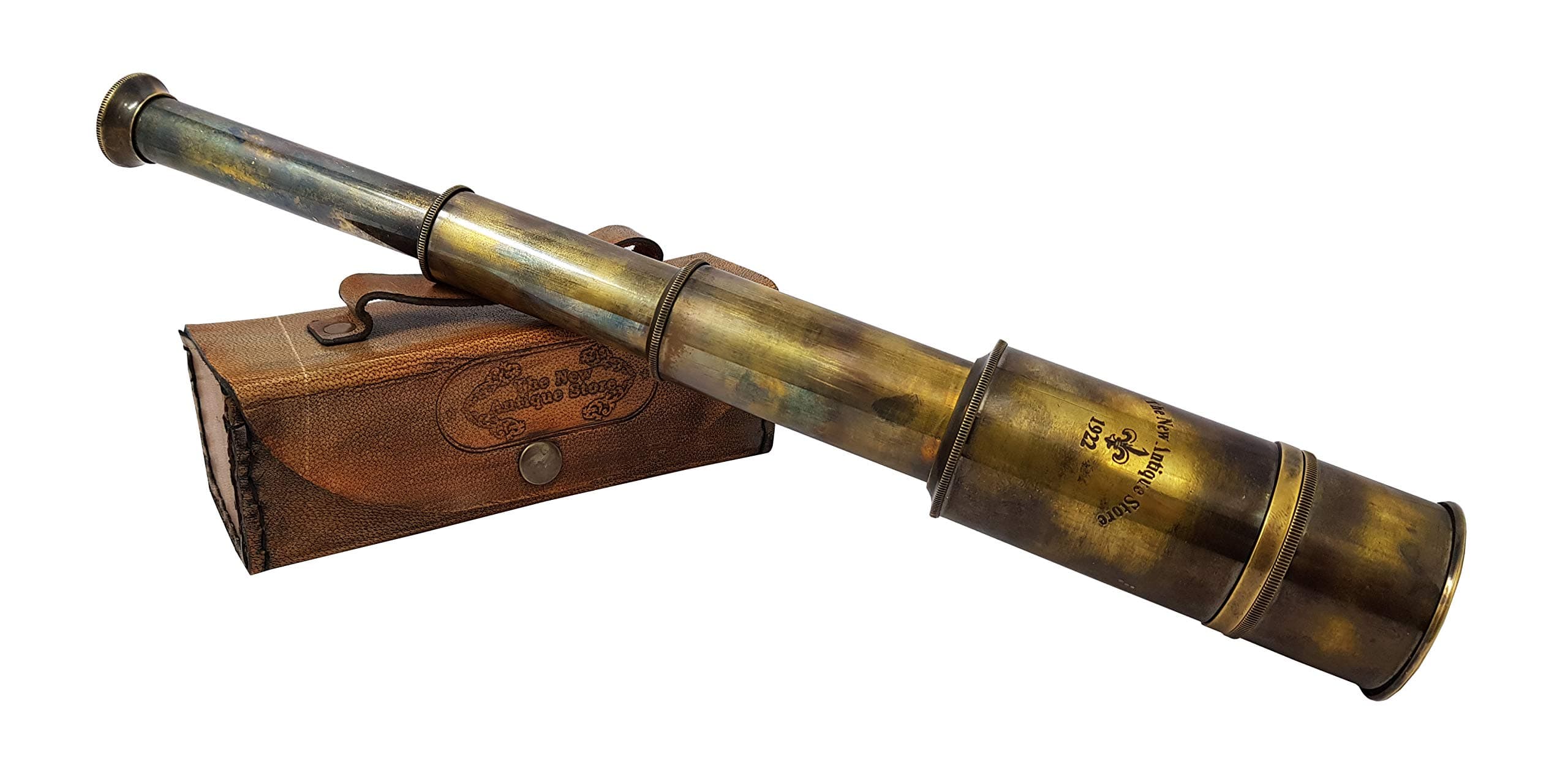 The New Antique Store - Premium Quality Brass Captain's Telescope With Glass Optics and High Magnification. A Vintage Replica In Leather Case 16"