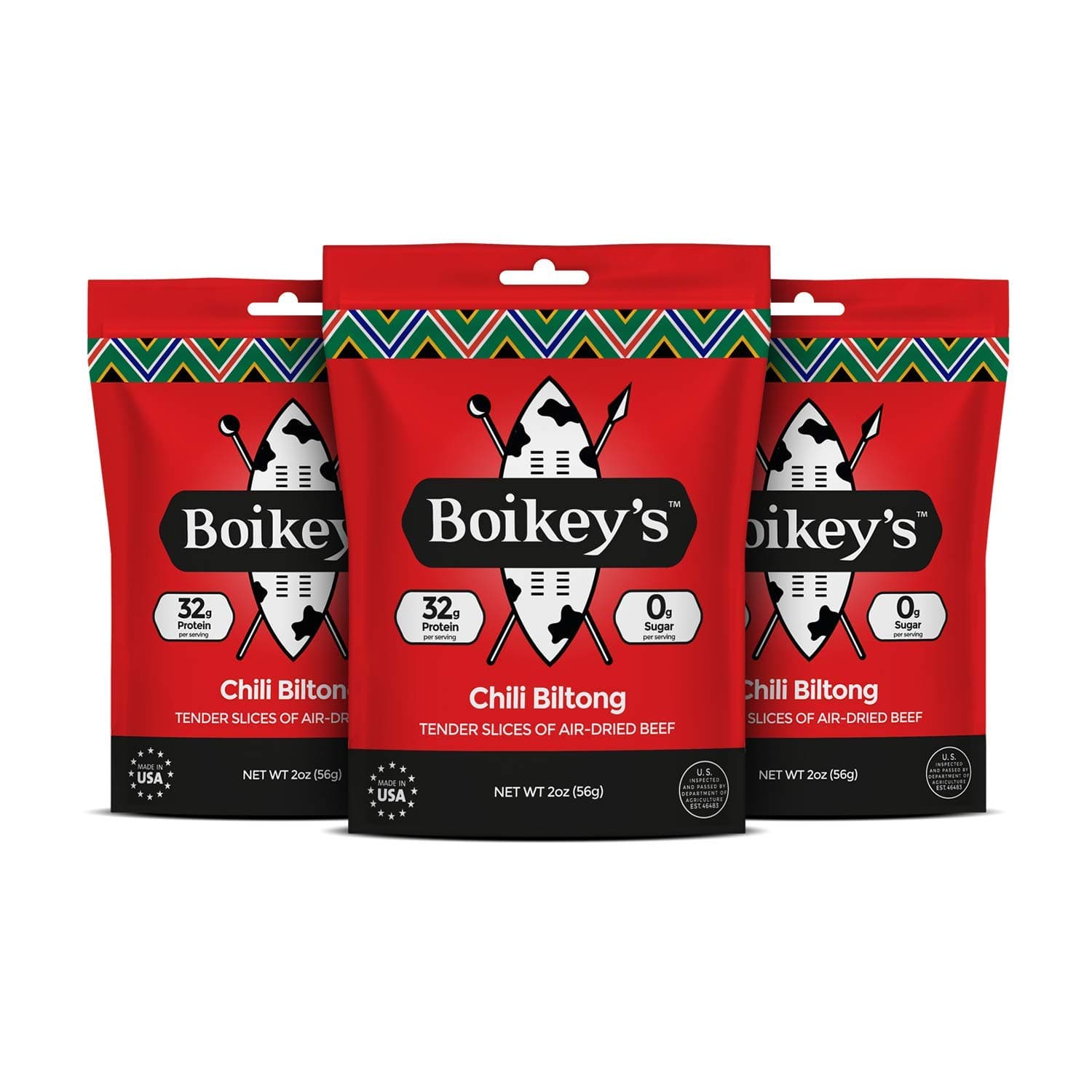 Boikeys Biltong South African Style Beef Jerky - Chili Flavor - Gluten Free - Zero Sugar Keto Friendly - 32g Protein - Premium Round Roast Beef Cuts - Naturally Cured - 2 oz (3 Pack)