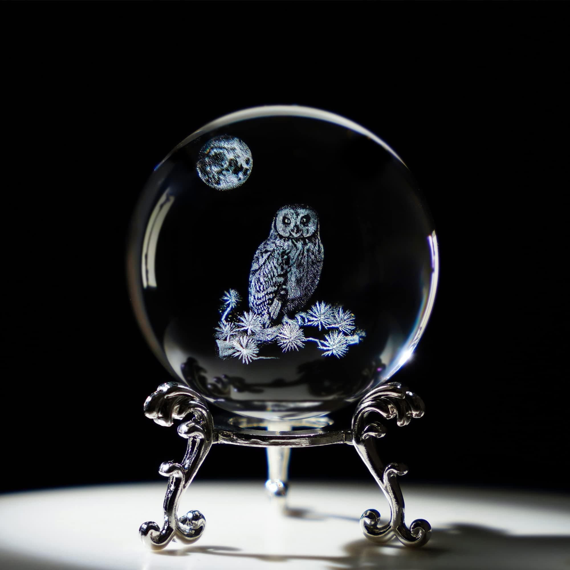 HDCRYSTALGIFTS 60mm 3D Laser Engraved Owl Crystal Ball Paperweight OWL Figurines Glass Sphere Animal Decorative Balls with Stand Gift