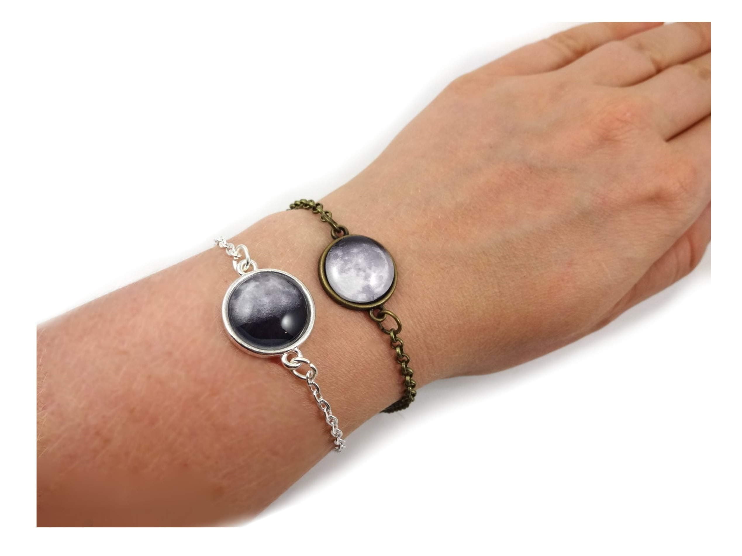 Little Gem GirlCustom Birth Moon Phase Bracelet – 1 to 4 Lunar Charms in Silver, Bronze, or Stainless Steel – Glow in the Dark Option, Birthday Anniversary Gift for Her