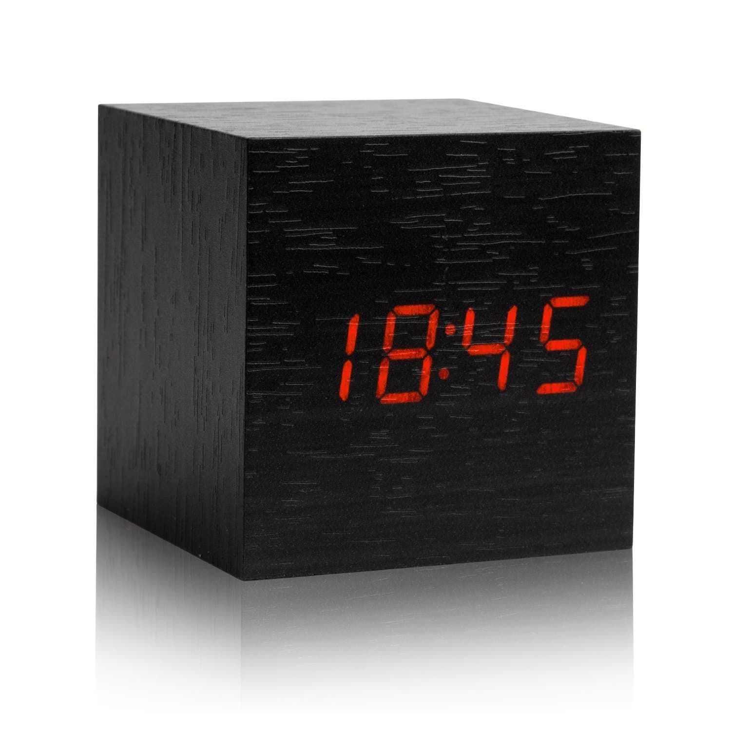 LED Wood Alarm Clock Wood LED Light Alarm Clock with Temperature and Time & Voice Control Desk Travel Digital Cube Wooden LED Clock (Black)