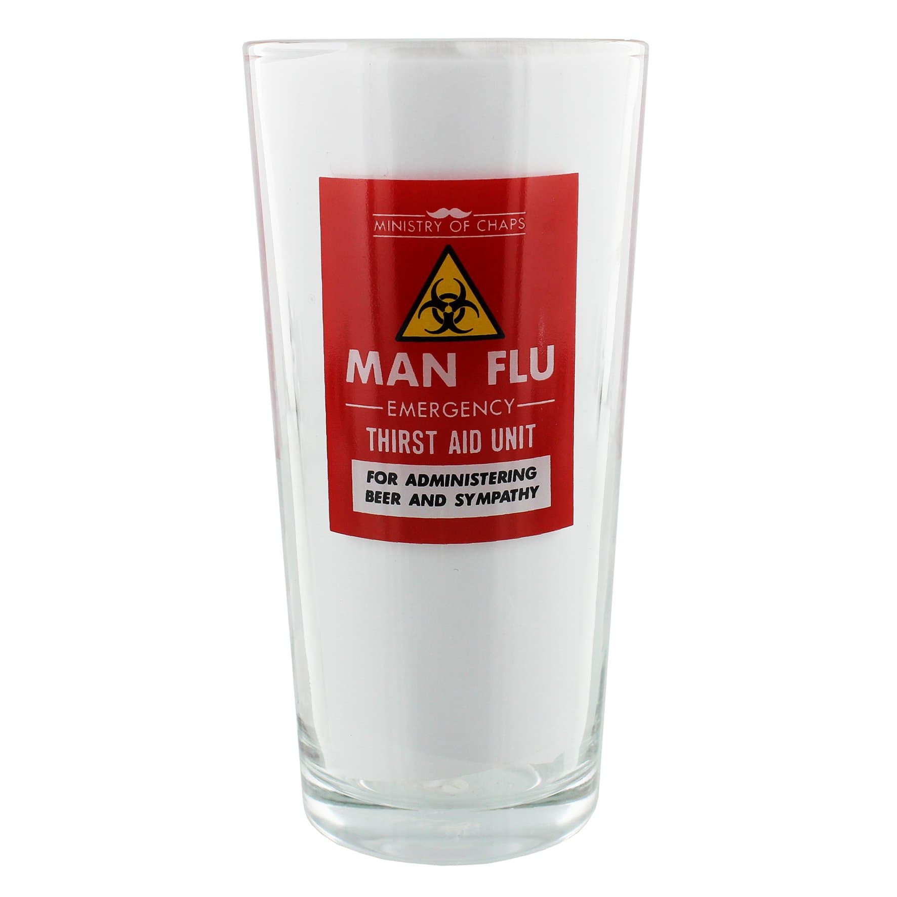 Personalised Ministry of Chaps MAN FLU EMERGENCY THIRST AID UNIT Beer Pint glass - add names/message
