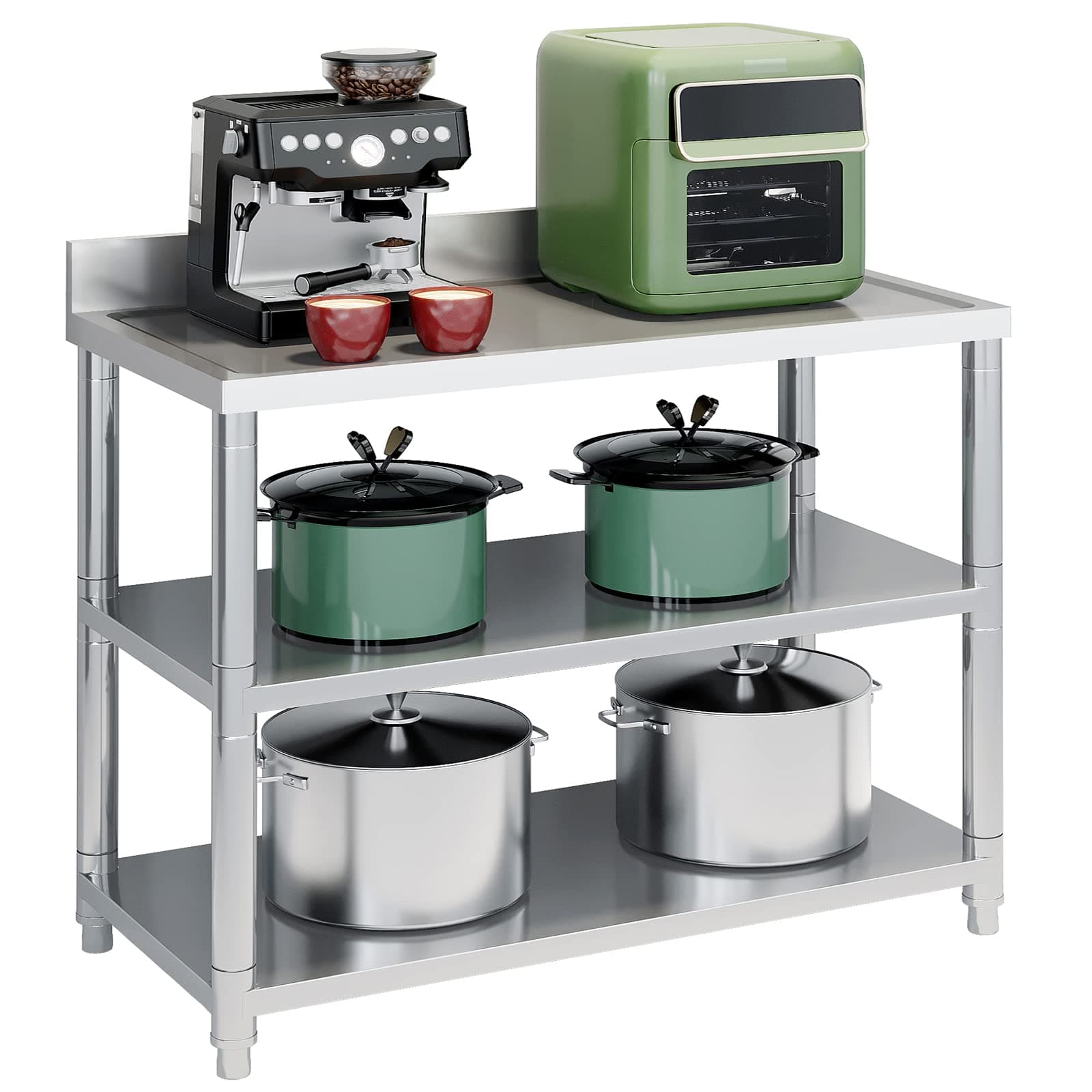 KINGBO Heavy Duty Free Standing Stainless-Steel Commercial Restaurant Kitchen Work Table, Prep & Utility Workbench with Double Storage Shelves Rack Indoor Outdoor (39.3in)