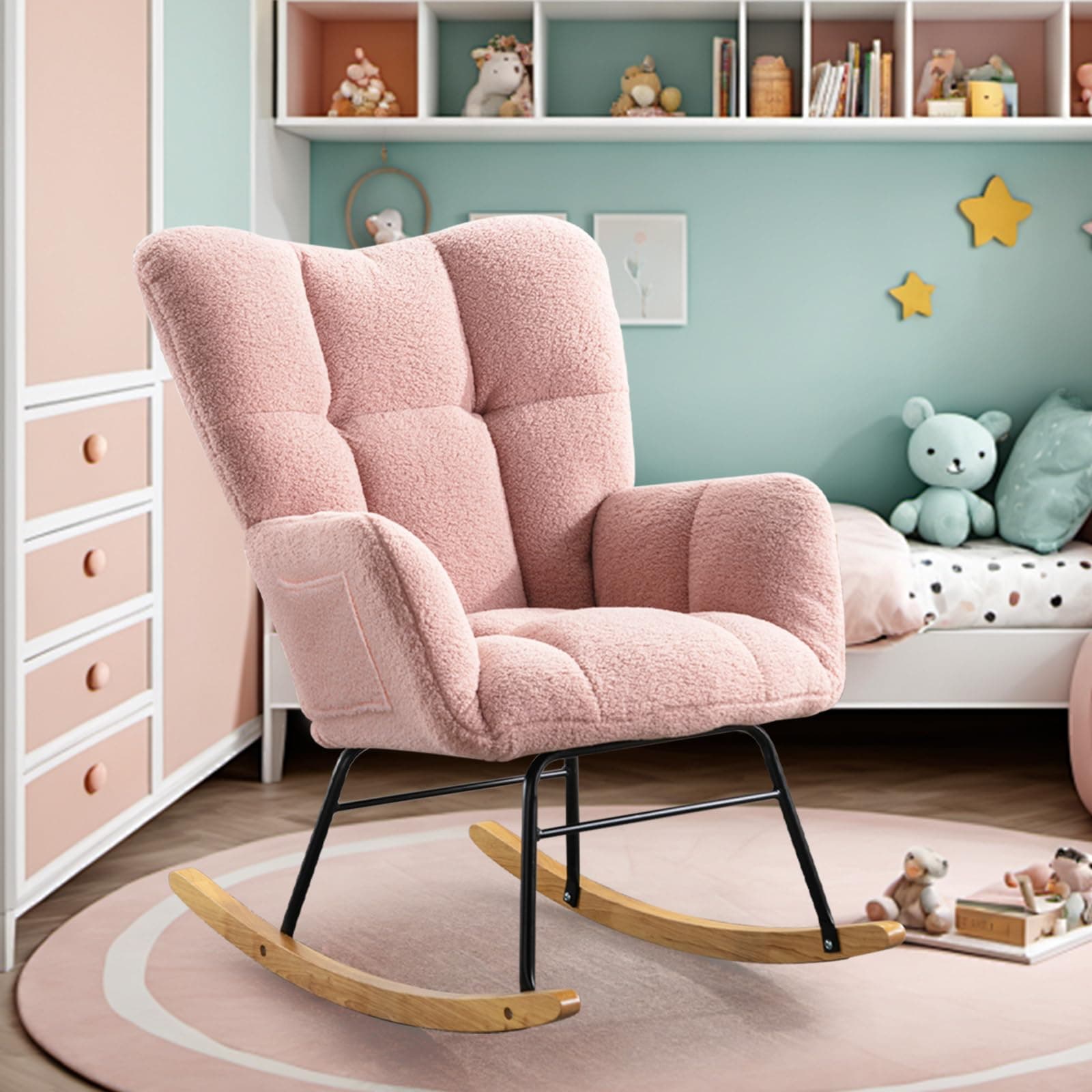 SoarFlash Nursery Rocking Chair Teddy Fabric Glider Chair Upholstered Rocker Accent Armchair with High Backrest and Solid Wood Legs for Nursery Bedroom Living Room Office(Pink)